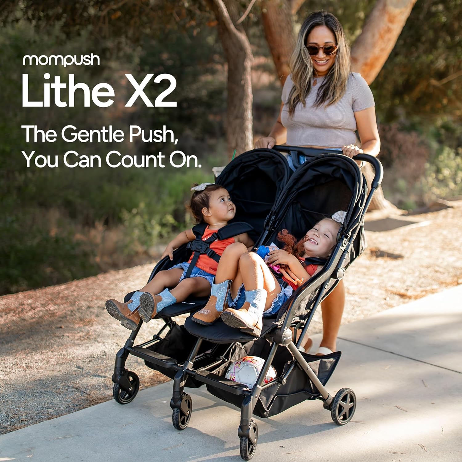 Top Mompush Lithe Double Stroller for Infant and Toddler, Lightweight Side by Side Twin Stroller, Only 25 lbs, 30-Inch Slim Fit Through Doorways, One-Step Fold, Independent Recline, UPF 50+ Canopy - Image 2