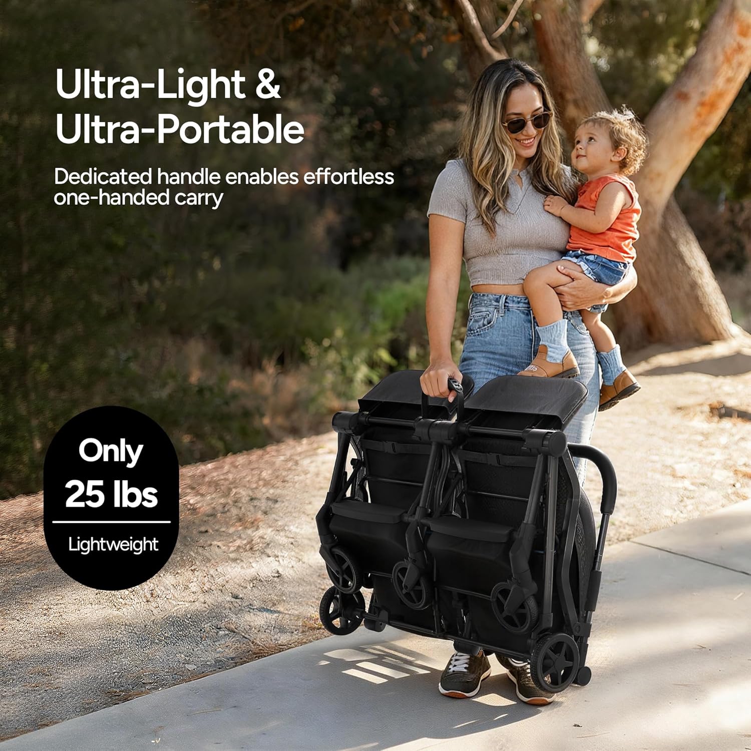 Top Mompush Lithe Double Stroller for Infant and Toddler, Lightweight Side by Side Twin Stroller, Only 25 lbs, 30-Inch Slim Fit Through Doorways, One-Step Fold, Independent Recline, UPF 50+ Canopy - Image 6