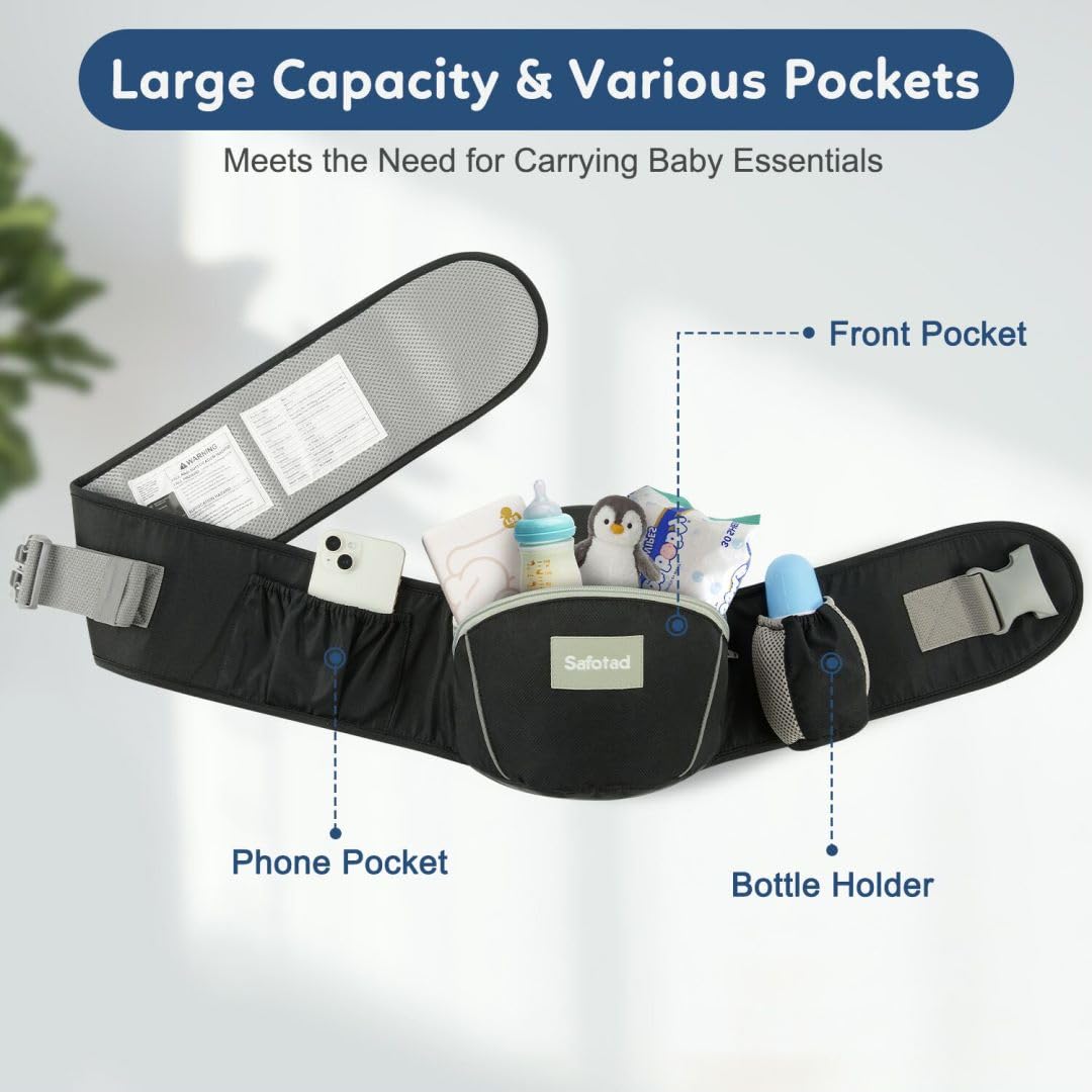 Amazing Baby Carrier with Hip Seat, Ergonomic Front Carrier for Newborns & Toddlers, Adjustable Waistband with Strong Support, Large Pocket Design, Black - Image 3