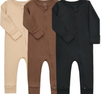 Aablexema Baby Cotton Footless Pajamas with Mitten, 3-pack Infant Romper Zip Up One Piece Jumpsuits Outfit