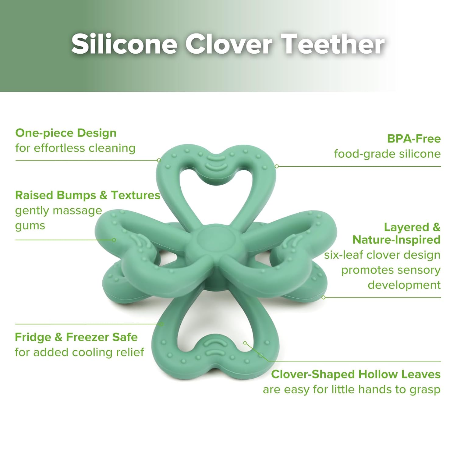 Amazing Haakaa Silicone Clover Teether - Food Grade Silicone Teething Toys for Babies 3-6 Months 6-12 Months, Soft & Easy Hold Chew Toy for Infant, BPA Free (Pea Green) - Image 4