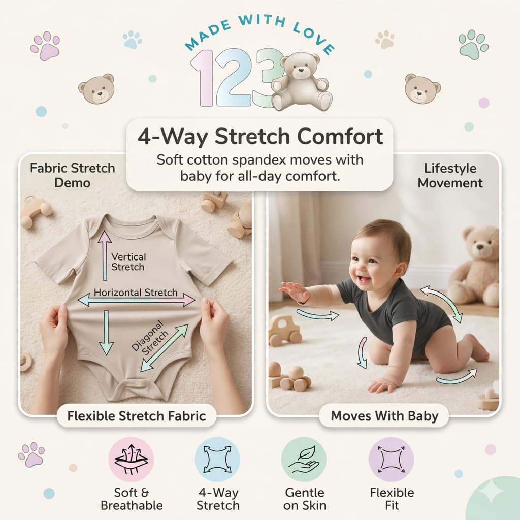 Top|Great|Best 123 Bear Baby Cotton Spandex short-sleeve bodysuits unisex boy girl - Smartbabygear.online - Image 3