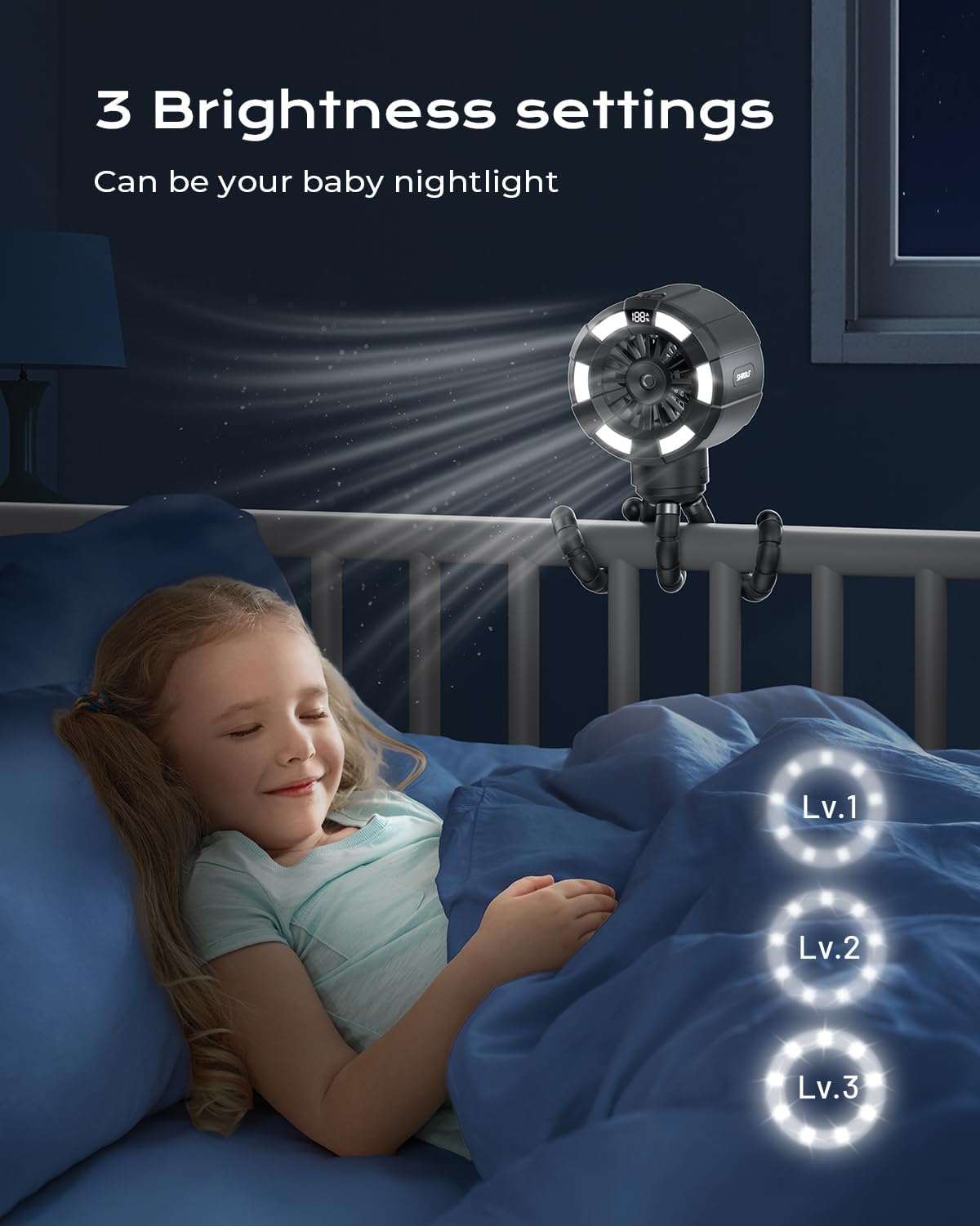 Top Shirble Baby Stroller Misting Fan, 6000mAh Rechargeable Clip-On Fan, 3 Speeds & 2 Spray Modes, 14H Cooling, Leak-Proof 100ML Tank, Night Light & Timer, BPA-Free for Strollers, Cribs & Travel (Black) - Image 7
