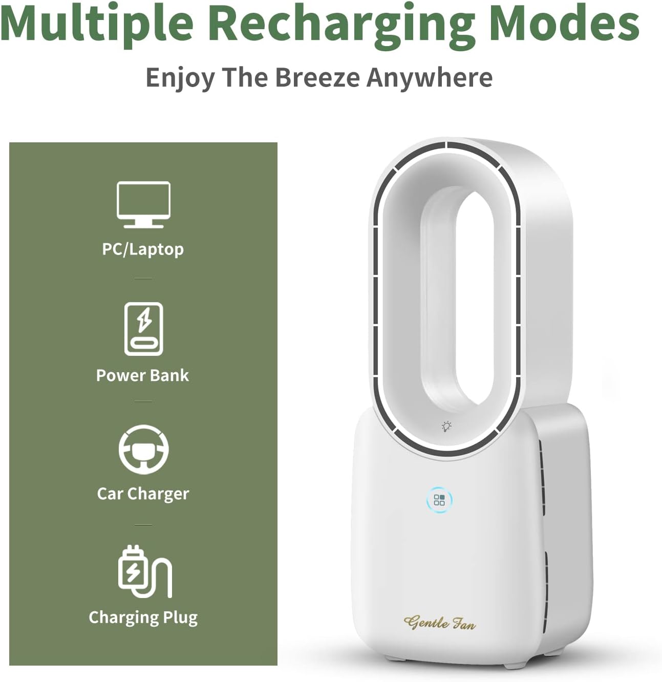 Amazing Misby Rechargeable Desk Fan, 5-color LED Light Bladeless Table Fan of 11.8 Inch, White Desk Fans Small Quiet for Bedroom, Home, Office - Image 5
