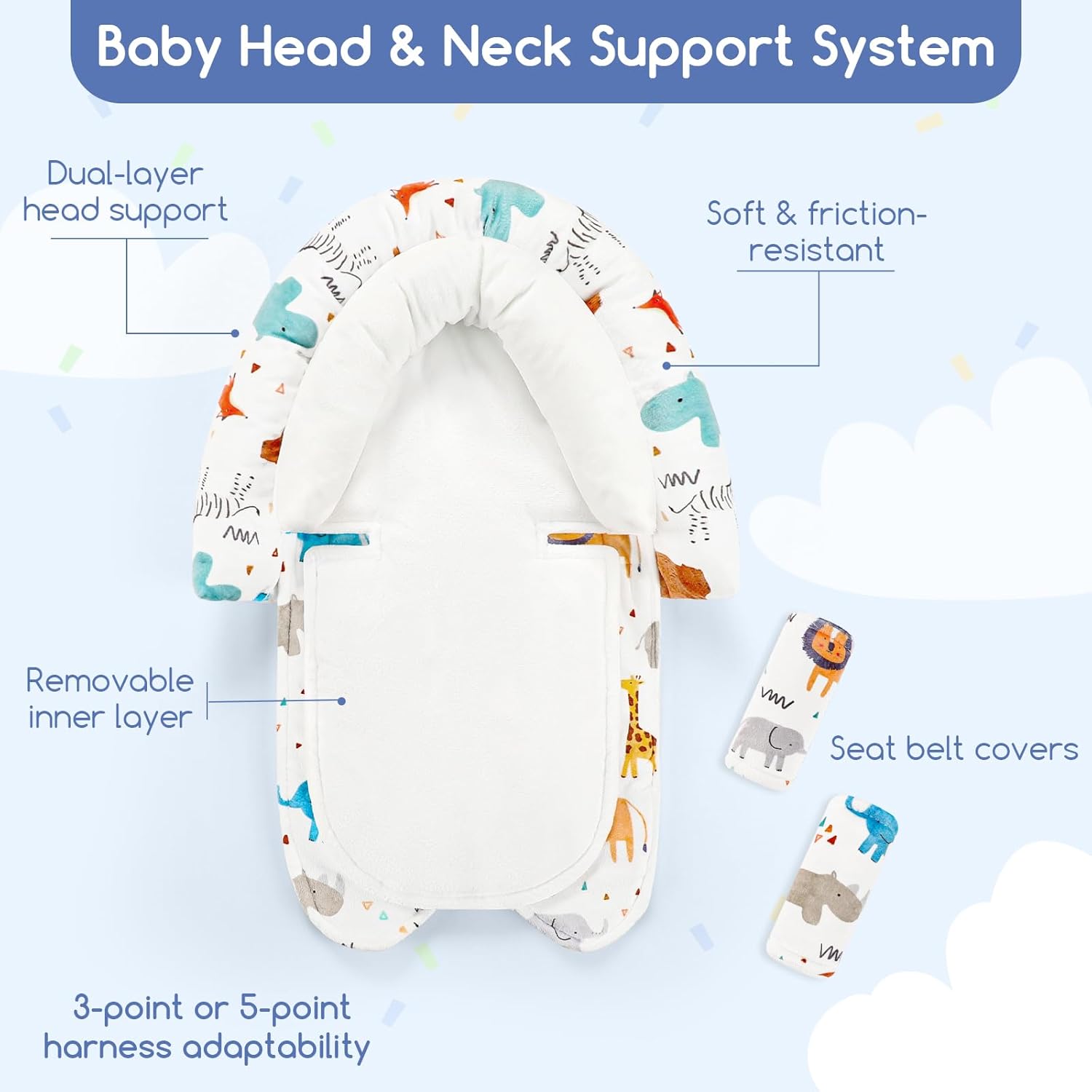 Amazing Infant Car Seat Insert & Strap Cover for Baby Boys, 2 in 1 Carseat Head Support Newborn, Ultra Soft Car Seat Cushion for Babies, Plush Fabric, Fit for Swing, Car Seat, Stroller, Bouncer, White - Image 2