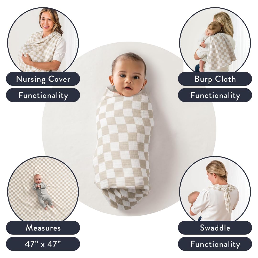 Top Itzy Ritzy Breastfeeding Boss Multi-Use Cover – A Nursing Cover, Swaddle, Car Seat Wrap, Tummy Time Mat & Burp Cloth All in One – Made of Soft Muslin Fabric & Measures 47” x 47” (Checkerboard) - Image 8