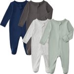 Aablexema Baby Pajamas with Mitten Cuffs Zipper 4-Pack Infant Newborn Cotton Long Sleeve Footie Outfit