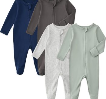 Aablexema Baby Pajamas with Mitten Cuffs Zipper 4-Pack Infant Newborn Cotton Long Sleeve Footie Outfit