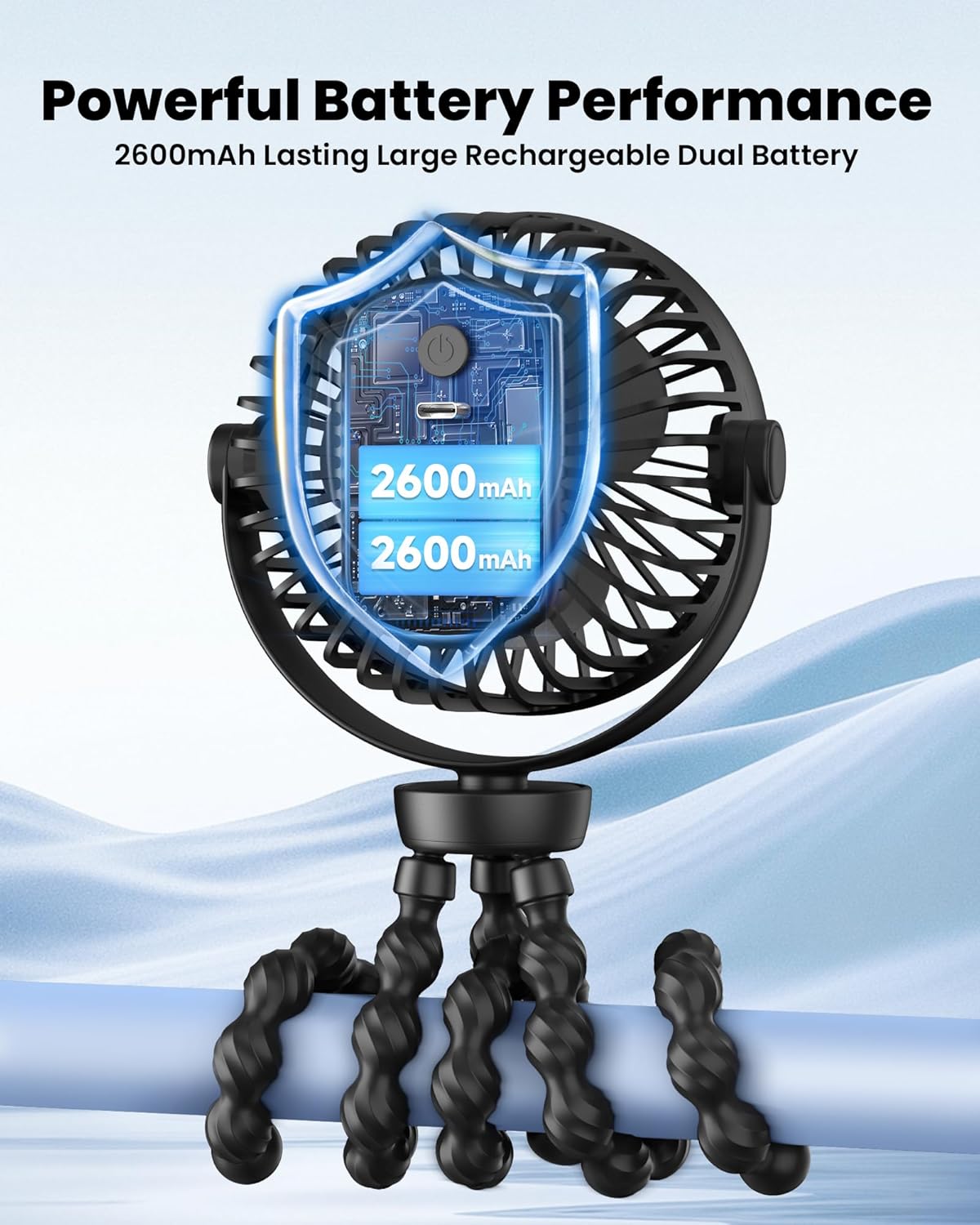 Awesome Portable Stroller Fan, 5200 mAh Rechargeable Personal Fan, with 360° Rotate Flexible Tripod and TYPE-C Port 3 Speed Small Mini USB Clip-on Fans Can Handheld and Desk for Stroller Car Seat Crib Outdoor - Image 6
