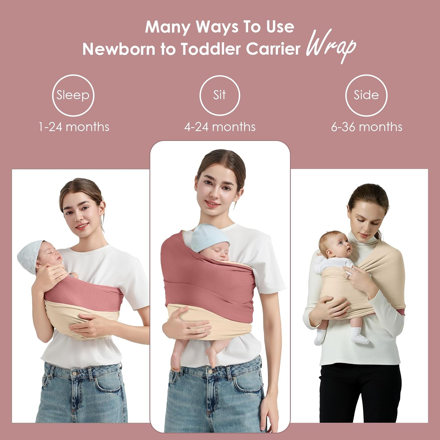 Amazing Baby Wrap Carrier, Lightweight Baby Wearing Wraps for Newborn and Infant, Soft Swaddle Holder Carrier, Cozy Baby Sling 7-35 lbs Cream+Pink - Image 4