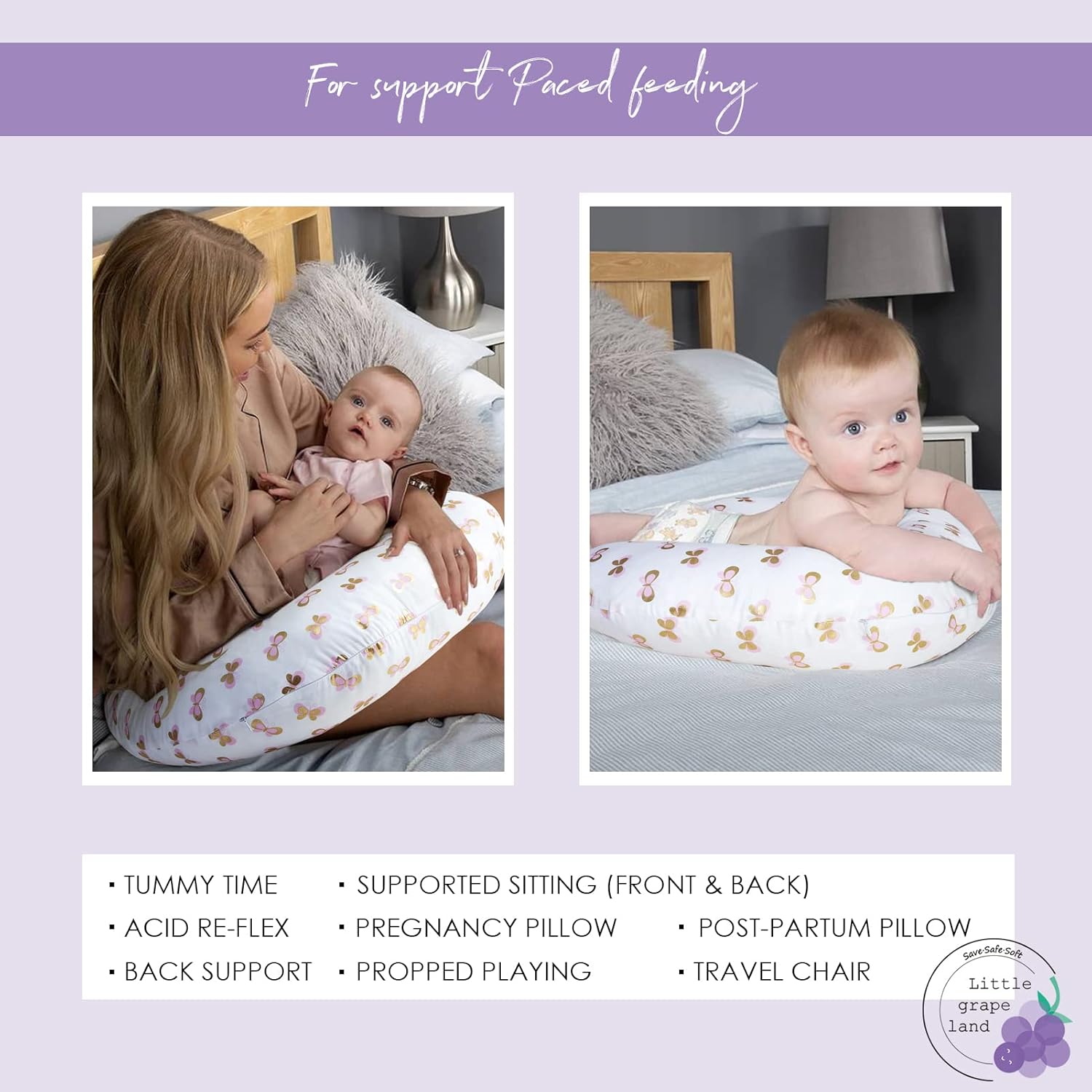 Top Little Grape Land Nursing Pillow, Breastfeeding Pillows for Mom with Removable Cover and Breathable Filling, Feeding Support Pillow for 0-16 Months, Multifunctional Support Cushion, Butterfly - Image 9