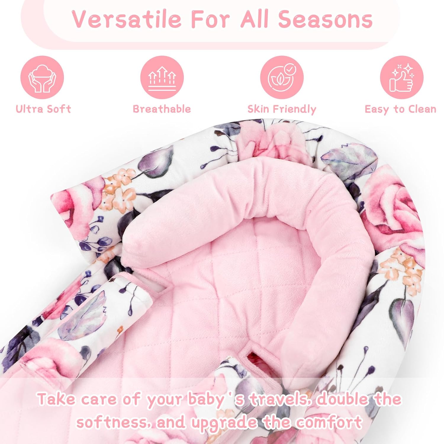 Amazing Baby Car Seat Head Body Support & Strap Covers, 2 in 1 Infant Car Seat Insert, Reversible Soft Breathable Newborn Cushion Pads for Preemie, Perfect for Baby Carseats, Strollers, Swings (Floral) - Image 4