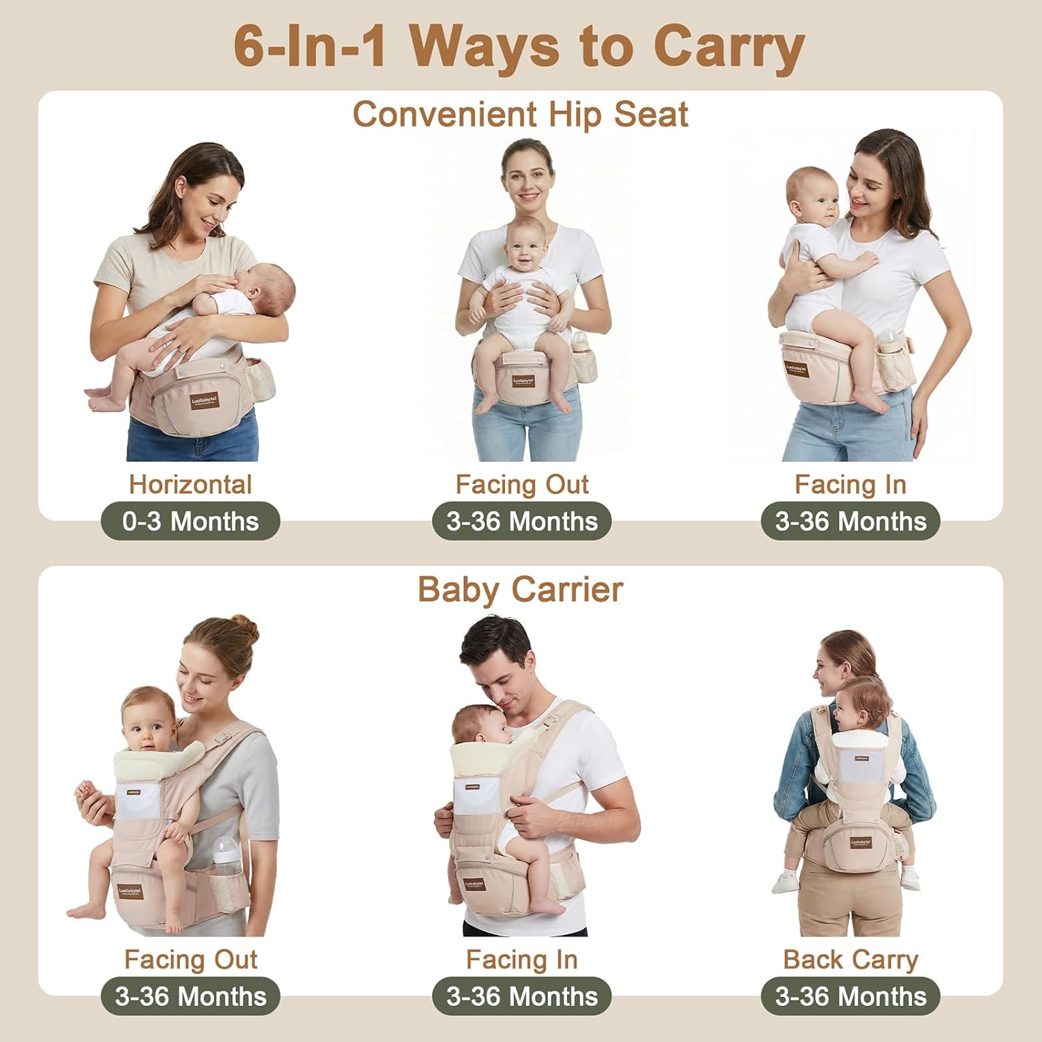 Amazing Baby Carrier with Hip Seat, 6-in-1 Baby Carrier Newborn to Toddler, Adjustable Detachable Infant Toddler Carrier, Hands-Free Baby Holder, All Seasons, Perfect for Shopping Travelling (Khaki) - Image 2