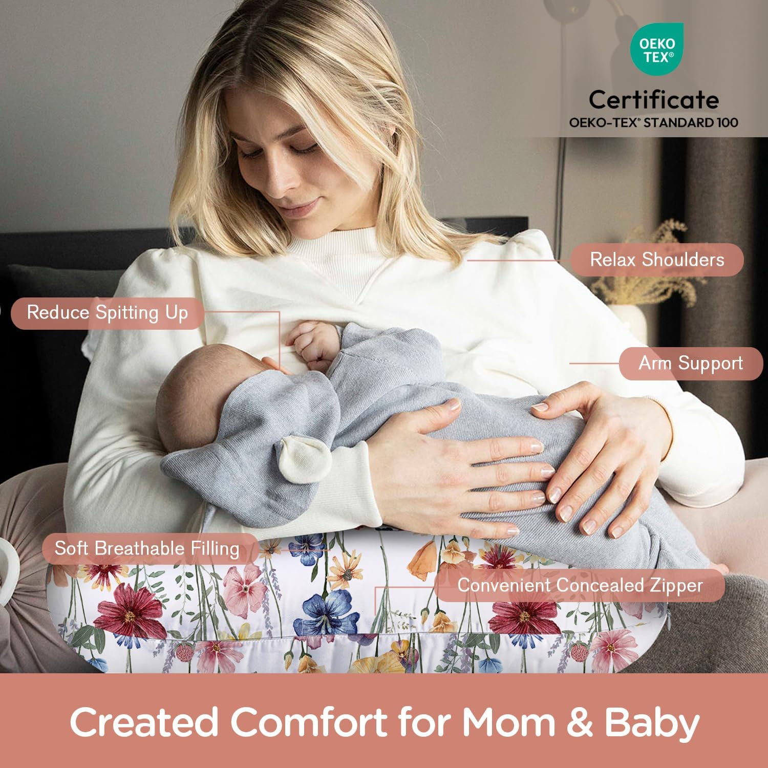 AmazingIReview Little Grape Land Nursing Pillow for Infants, Breastfeeding Pillows, Baby Support Pillow for Nursing, Bottle Feeding, Tummy Time with Machine Washable Cover & Breathable Filling, Spring Flower - Image 3