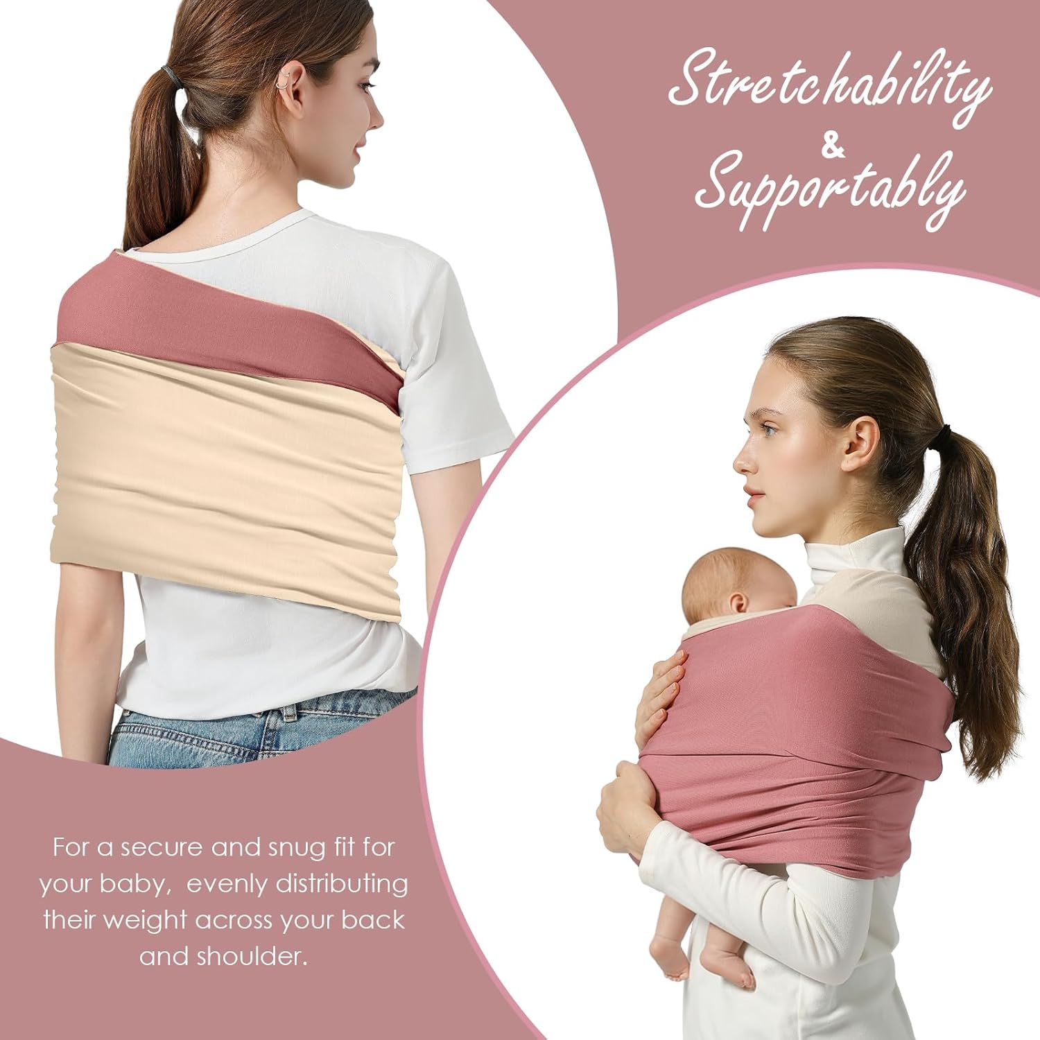Amazing Baby Wrap Carrier, Lightweight Baby Wearing Wraps for Newborn and Infant, Soft Swaddle Holder Carrier, Cozy Baby Sling 7-35 lbs Cream+Pink - Image 6
