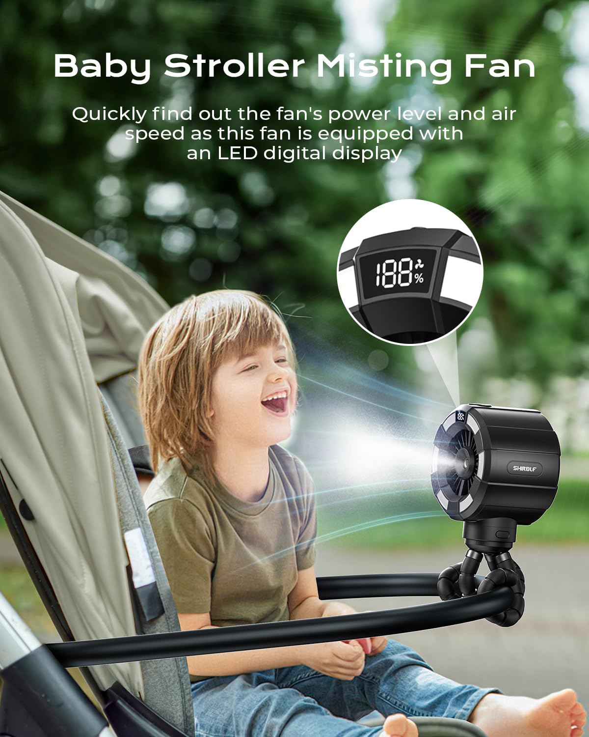 Top Shirble Baby Stroller Misting Fan, 6000mAh Rechargeable Clip-On Fan, 3 Speeds & 2 Spray Modes, 14H Cooling, Leak-Proof 100ML Tank, Night Light & Timer, BPA-Free for Strollers, Cribs & Travel (Black) - Image 4