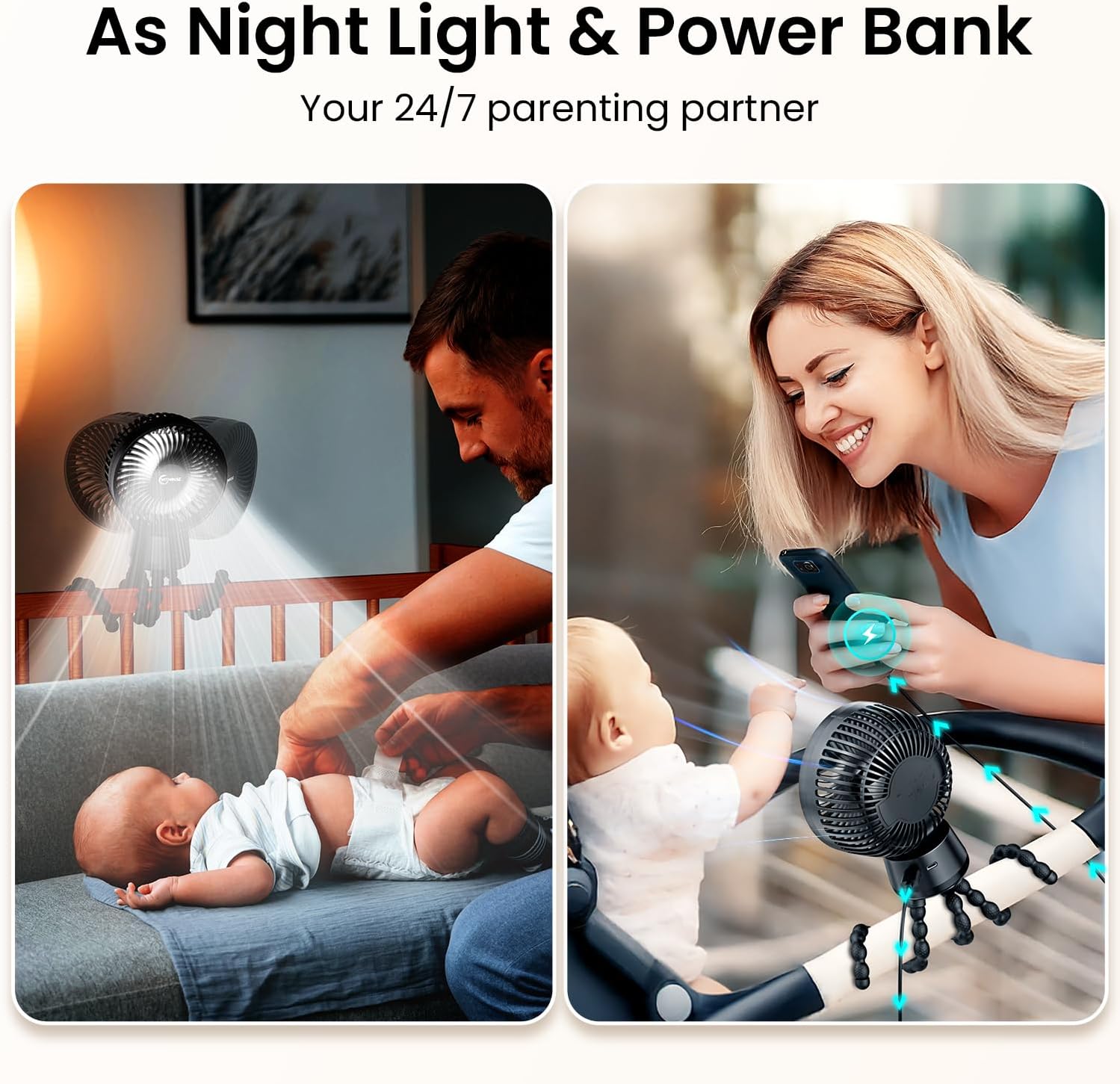 AmazingIReview 20000mAh Portable Stroller Fan with Auto Oscillating, Extended Anti-Slip Detachable Flexible Tripod, Backup Power & LED Light, 3-Speed Quiet Long Time Clip On Fans for Baby Crib Car Seat Travel - Image 7