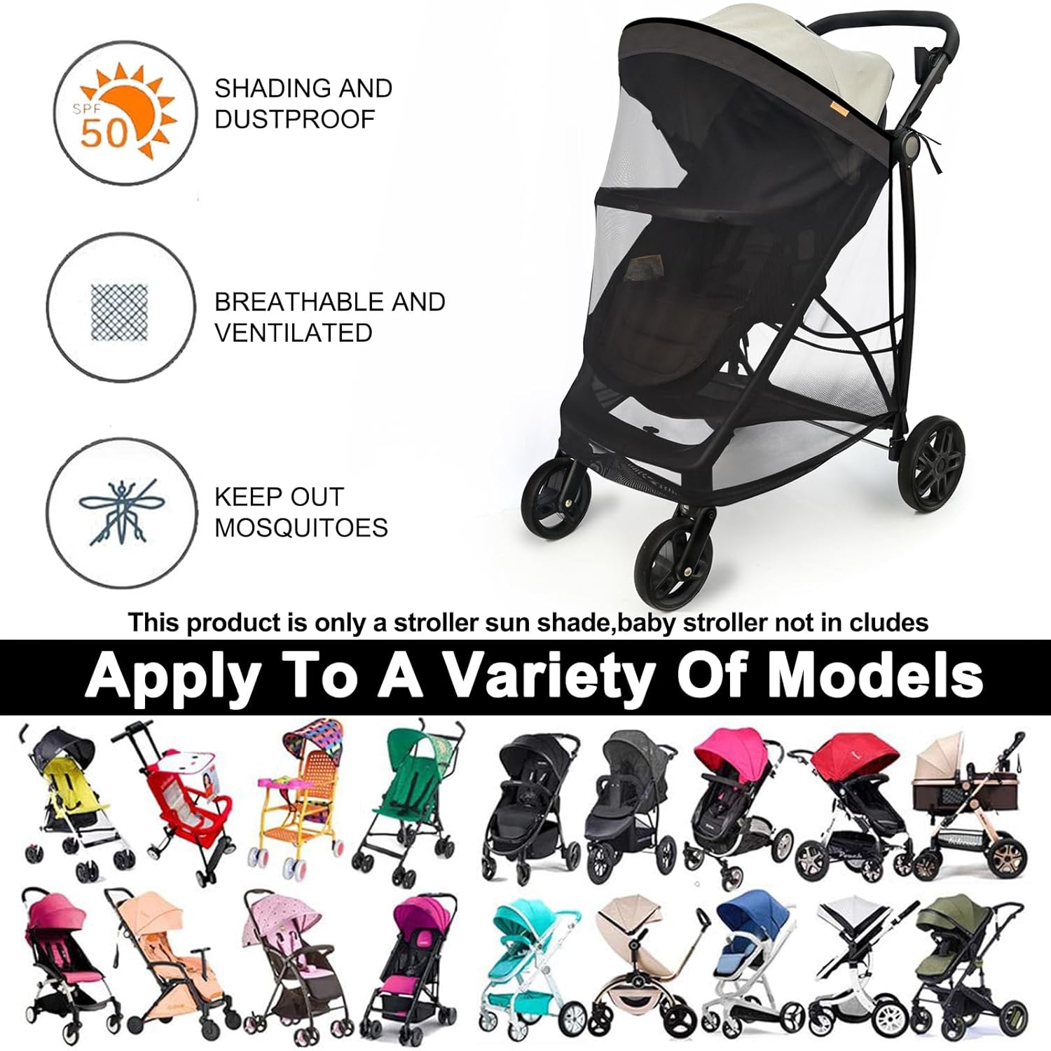 Top Stroller Sun Shade - Universal Stroller Sun Shade for Travel Strollers, Jogging Strollers; Baby and Toddler Travel Essential; Safely Blocks Up to 97% of UV, Easy to Install(Black) - Image 6