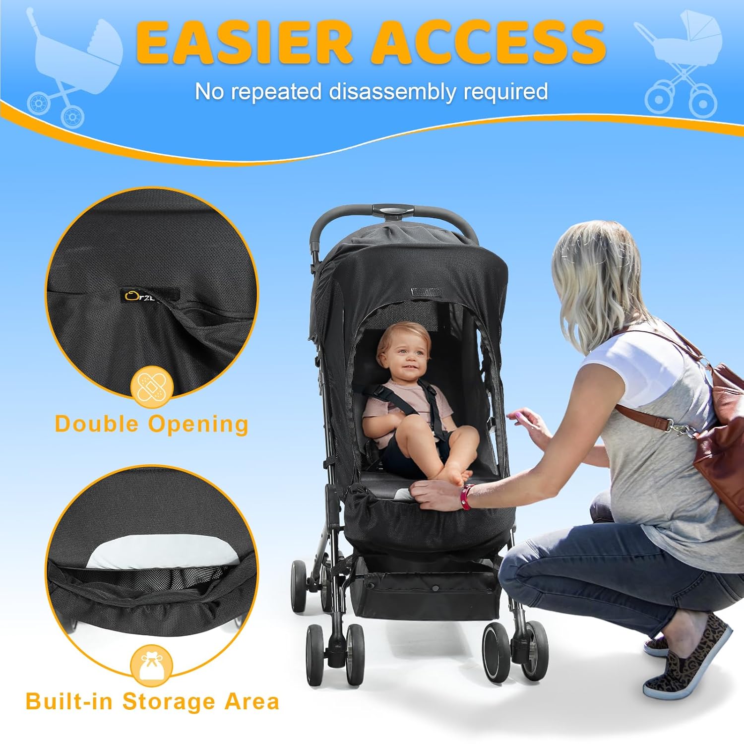 Top Features Orzbow Stroller Sun Shade, Breathable Sun Shade Cover for Stroller with Mosquito Net & Zip, Universal Baby Sun Shade with Double Opening, Easy to SInstall, Blocks 95% UV(UPF 50+), Black - Image 4