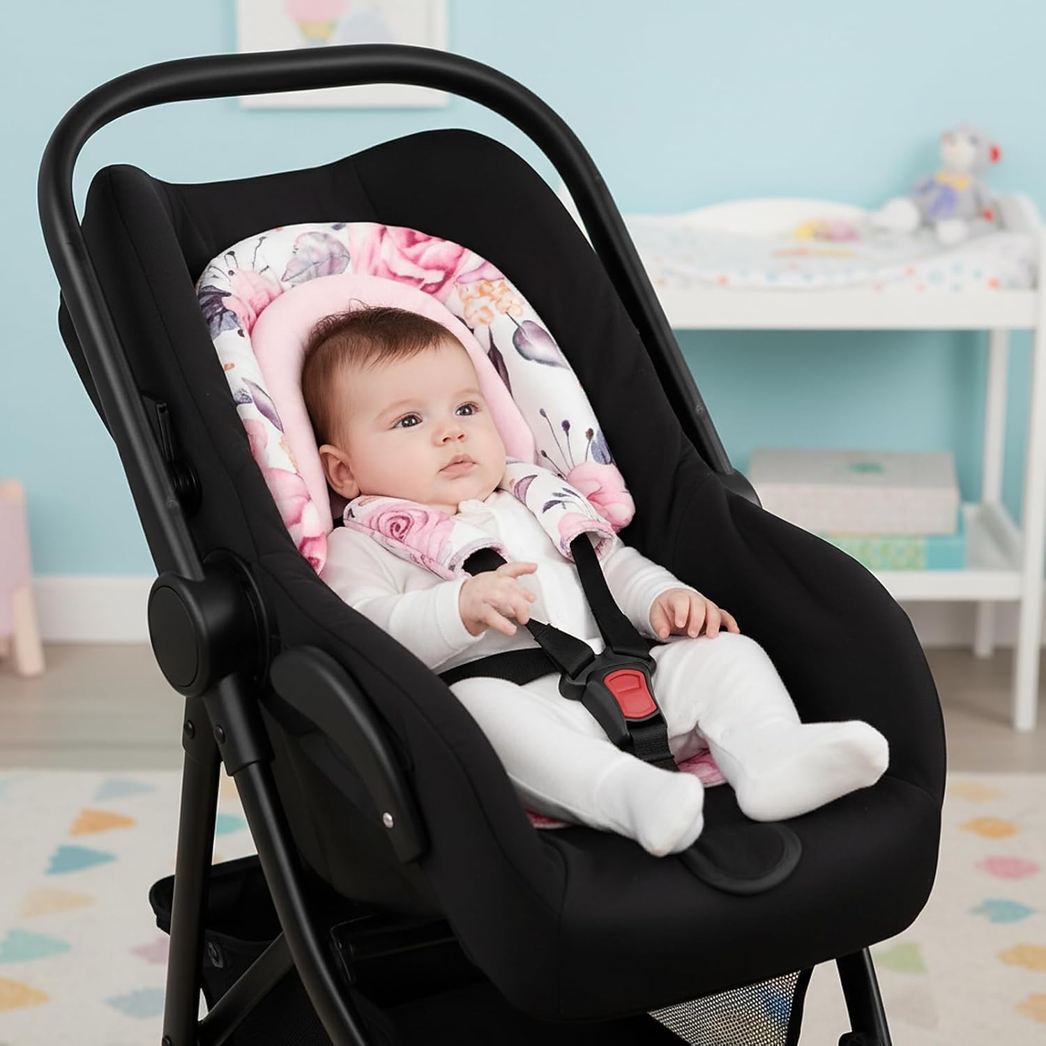 Amazing Baby Car Seat Head Body Support & Strap Covers, 2 in 1 Infant Car Seat Insert, Reversible Soft Breathable Newborn Cushion Pads for Preemie, Perfect for Baby Carseats, Strollers, Swings (Floral) - Image 5