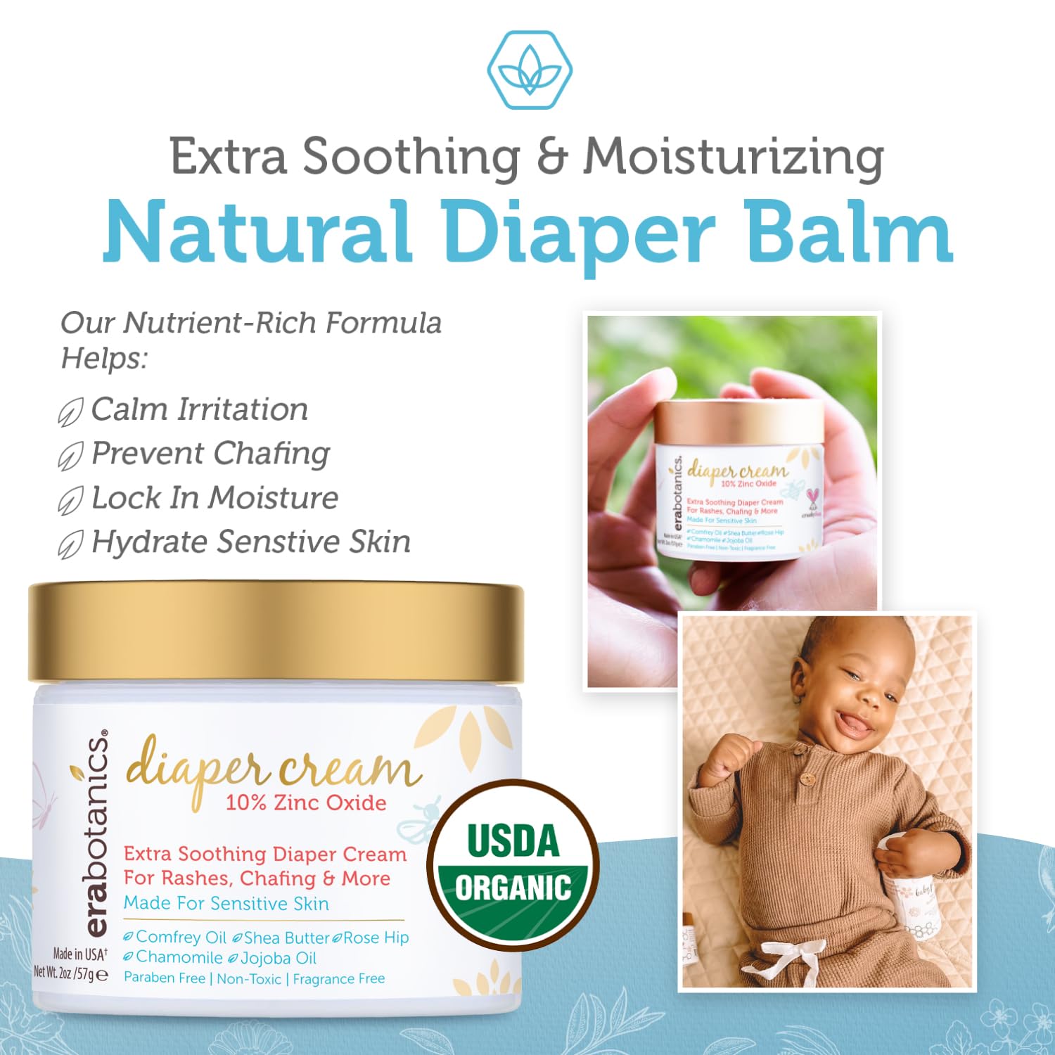 Amazing Era Organics Diaper Rash Cream For Baby - Extra Soothing and Moisturizing with Zinc Oxide, Organic Aloe Vera, Chamomile, Calendula Plus More - Gentle Butt Rash Moisturizer - Image 5