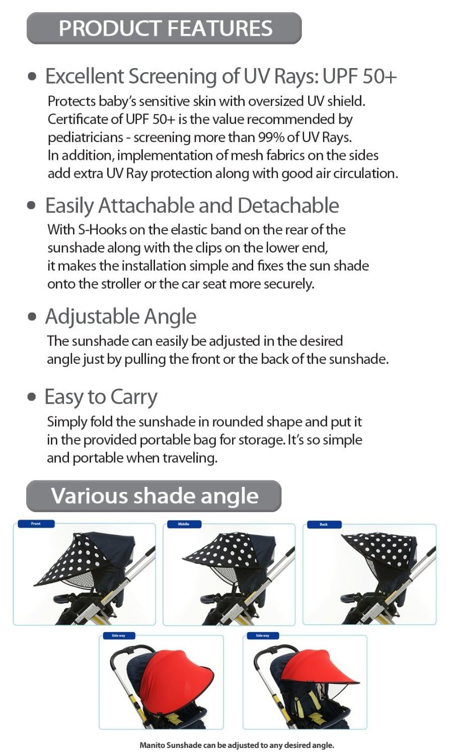 Top Features Manito Sun Shade for Strollers and Car Seats (Black) UPF 50+ - Image 2