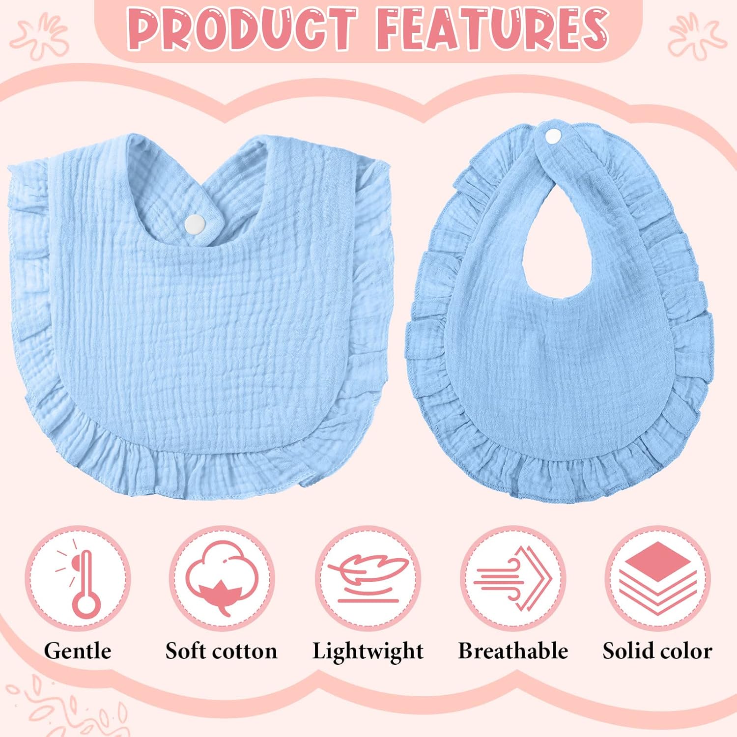 Top Kenning 18 Pcs Muslin Drool Baby Bibs Ruffle Absorbent Bib with Snap Button Boy Girl for Drooling Teething Infant Newborn - Image 3