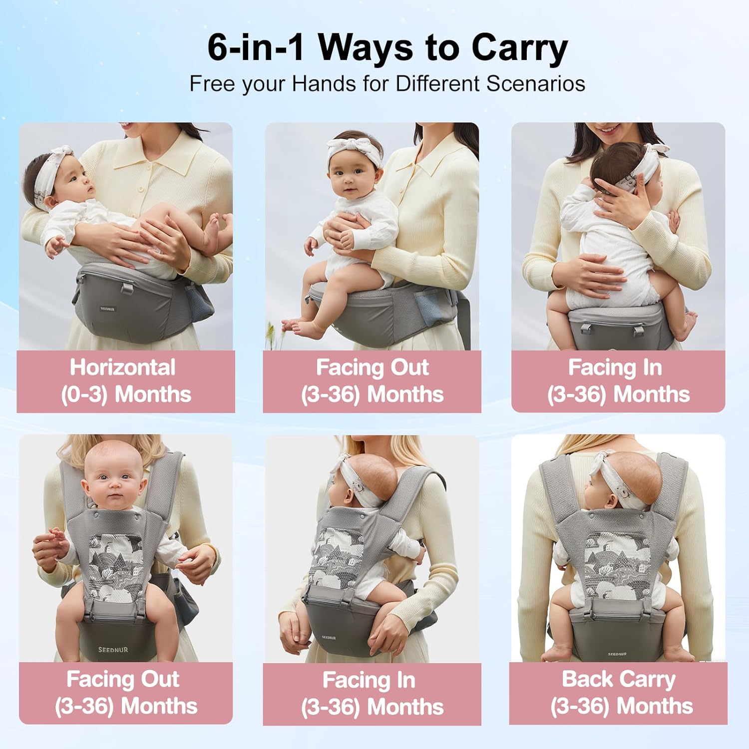 Amazing Baby Carrier, 6-in-1 Ergonomic Baby Carrier Newborn to Toddler, Safety-Certified Infant Toddler Carrier with Hip Seat, Detachable Baby Hip Carrier to Hands-Free Perfect for Shopping & Walking - Image 2