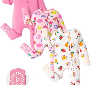 PATPAT Baby Footies Boys Girls - Bamboo Viscose - Zipper & Non-Slip Soles Romper Mitten - Footed & Footless Infant Clothes