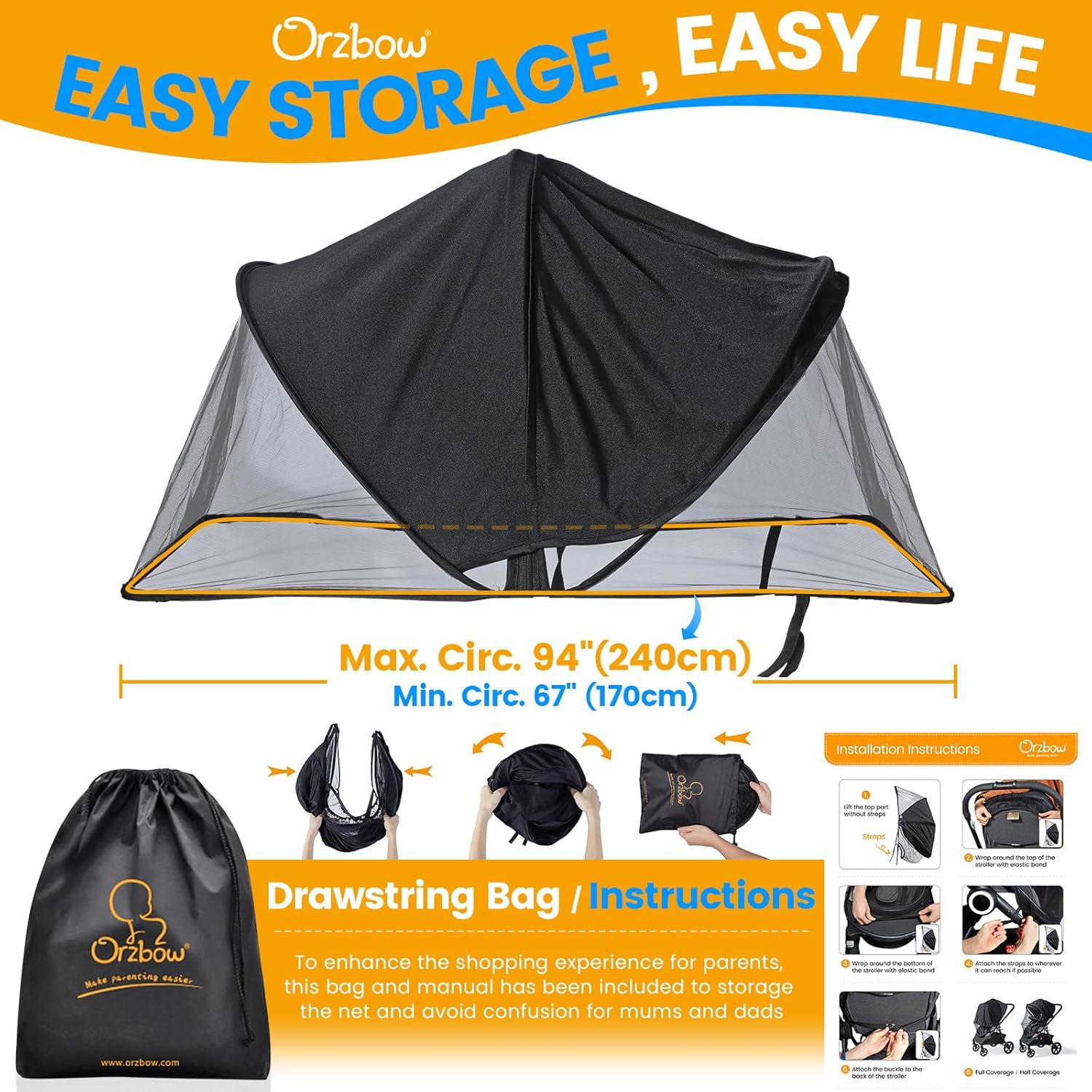 Top Features Orzbow Baby Mosquito Net with Sun Shade UPF50+ for Stroller, Universal Stroller Mosquito Netting Privacy Cover with Two-Way Zipper and Storage Bag for Car Seats, Bassinets, Cradles, Mini Cribs, Black - Image 8