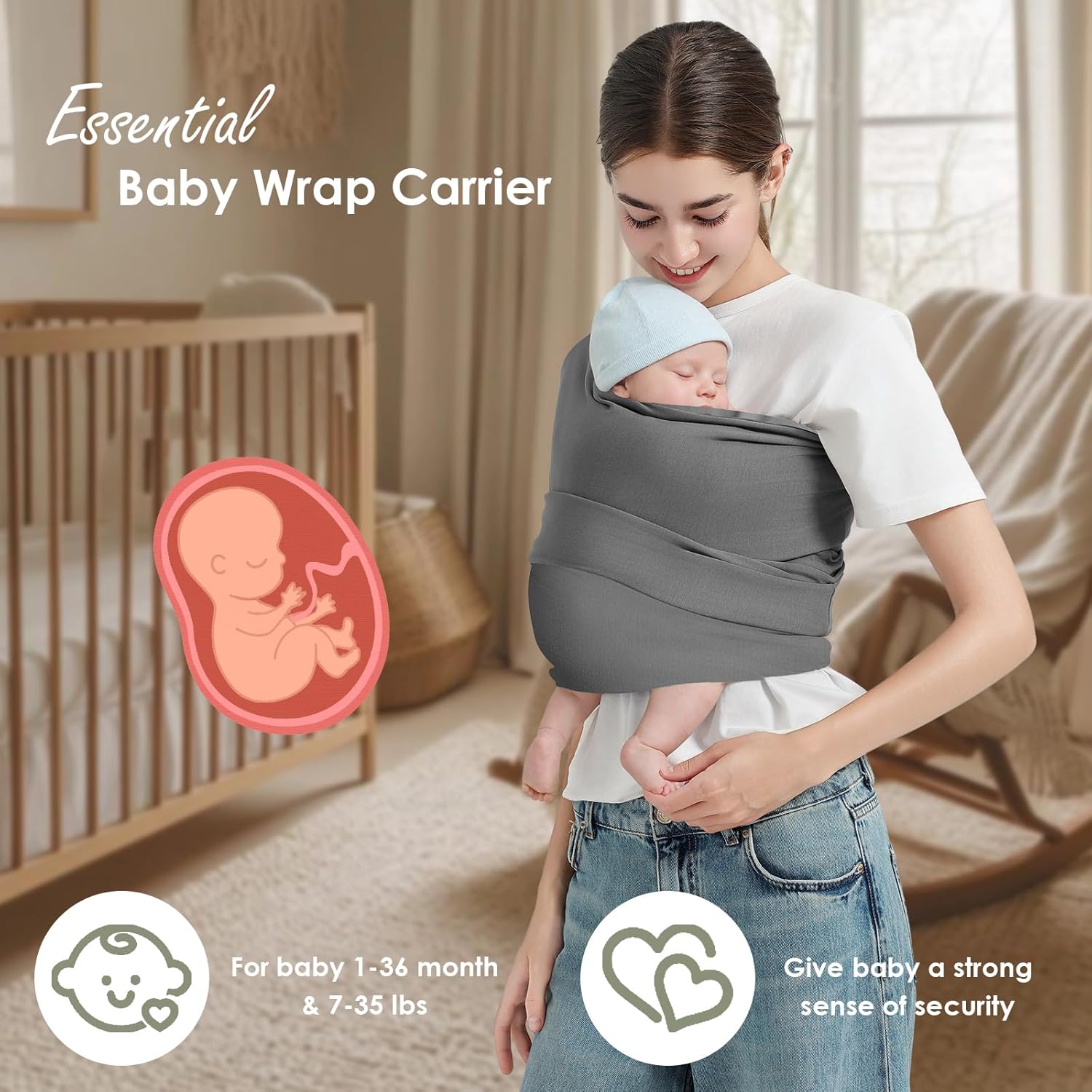 Amazing Baby Wrap Carrier, Lightweight Baby Wearing Wraps for Newborn and Infant, Soft Swaddle Holder Carrier, Cozy Baby Sling 7-35 lbs Grey - Image 3