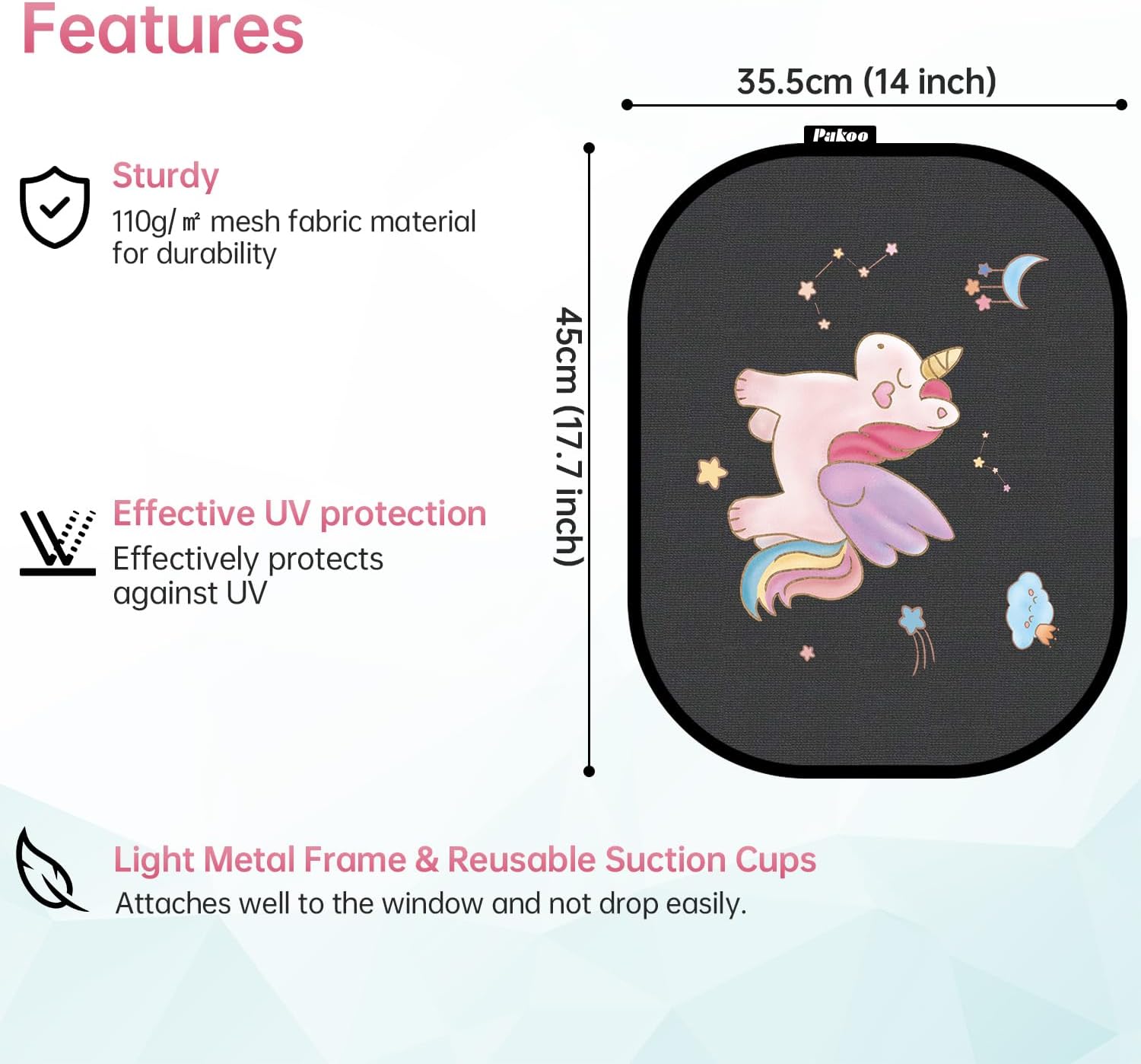 Top Pakoo Car Window Shade for Baby, 2 Pack UV Protection Breathable Universal Fit Mesh Car Window Shades, 2 Pack with 8 Suction Cups- 17.7 x 14 inches - Image 5