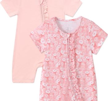 JunNeng 2Pcs Baby Girl Viscose from Bamboo Sleeper, 2 Way Zipper Romper, Short Sleeve One Piece 0-18 Months