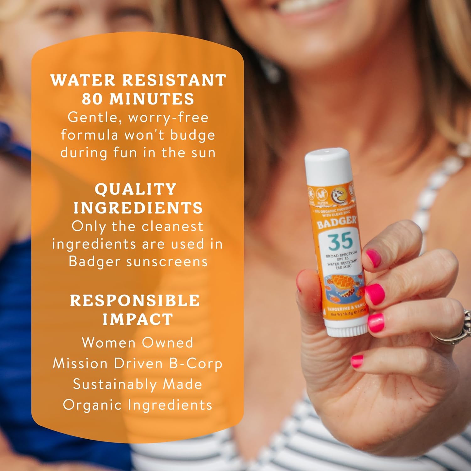 Top Features Badger Mineral Kids Sunscreen Face Stick SPF 35, Zinc Oxide Travel Size Sunscreen Stick for Kids, 97% Organic Ingredients, Reef Safe, Water Resistant, .65 oz, 2-Pack - Image 6