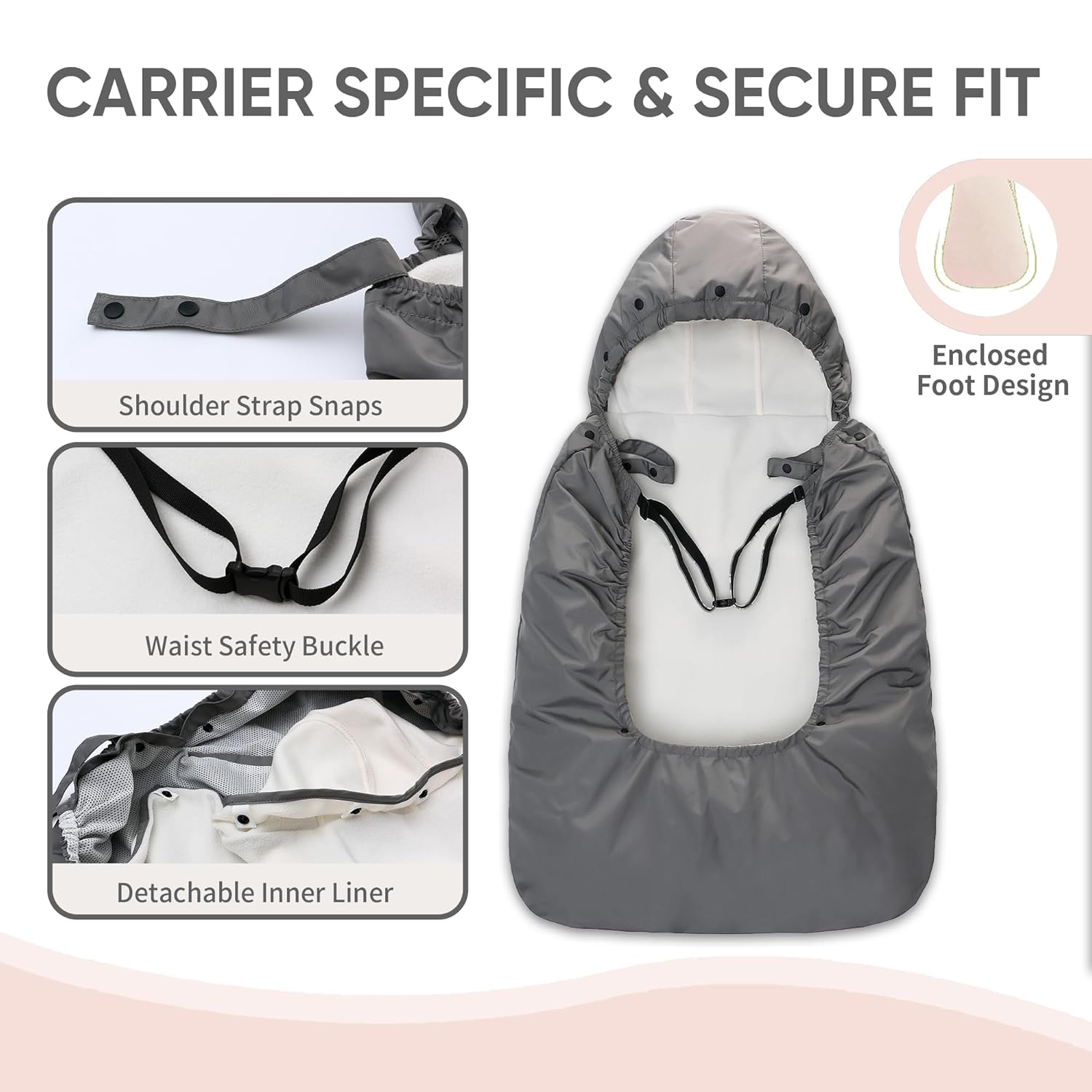 Top Miracle Baby Carrier Cover with Detachable Liner – Waterproof & Windproof Winter Baby Bunting Bag for Infant Strollers with Storage Bag & Parent Pocket - Image 4