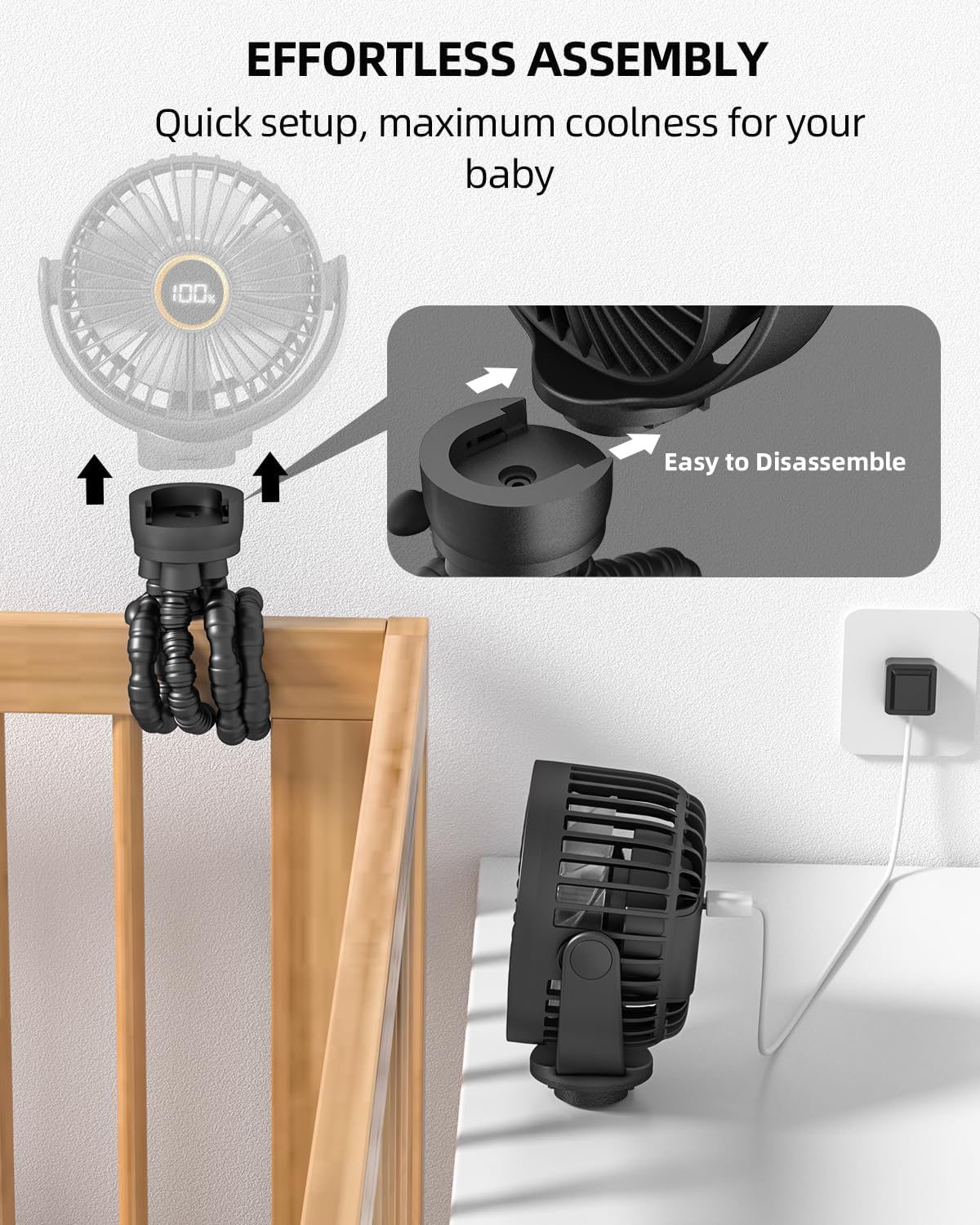 New Portable Stroller Mini Fan, Small Rechargeable Personal Fan, Baby Travel Essentials for Wagon, Car Seat, Treadmill, Battery Powered Biking Gear Accessories, 360° Rotation, 3-Speed, Display, Black - Image 6