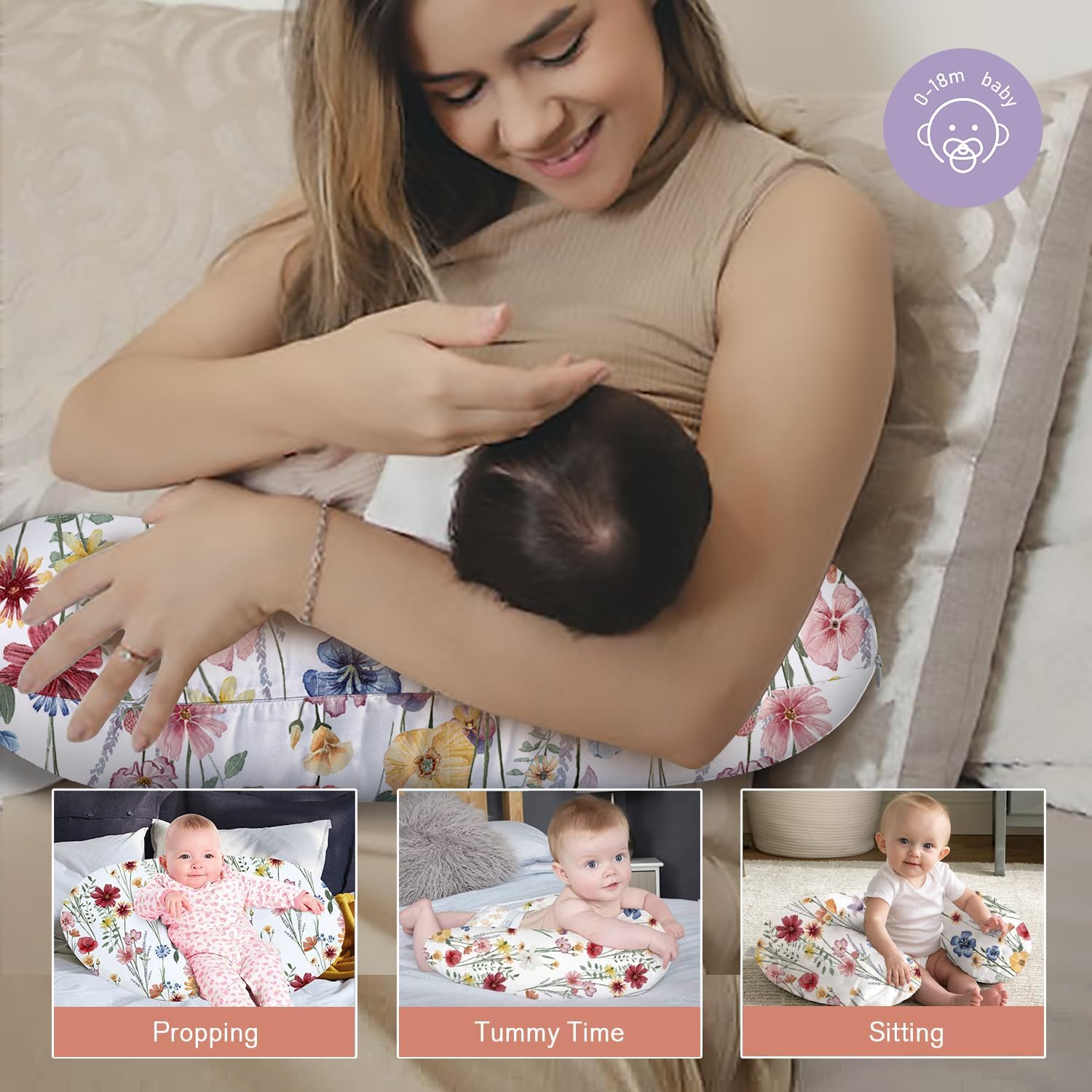 AmazingIReview Little Grape Land Nursing Pillow for Infants, Breastfeeding Pillows, Baby Support Pillow for Nursing, Bottle Feeding, Tummy Time with Machine Washable Cover & Breathable Filling, Spring Flower - Image 4