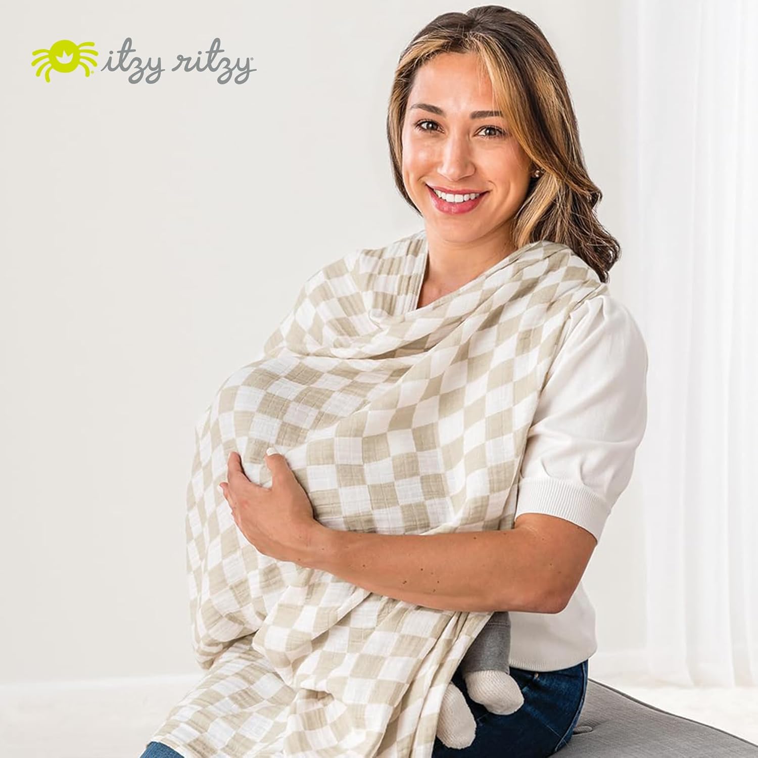 Top Itzy Ritzy Breastfeeding Boss Multi-Use Cover – A Nursing Cover, Swaddle, Car Seat Wrap, Tummy Time Mat & Burp Cloth All in One – Made of Soft Muslin Fabric & Measures 47” x 47” (Checkerboard) - Image 7