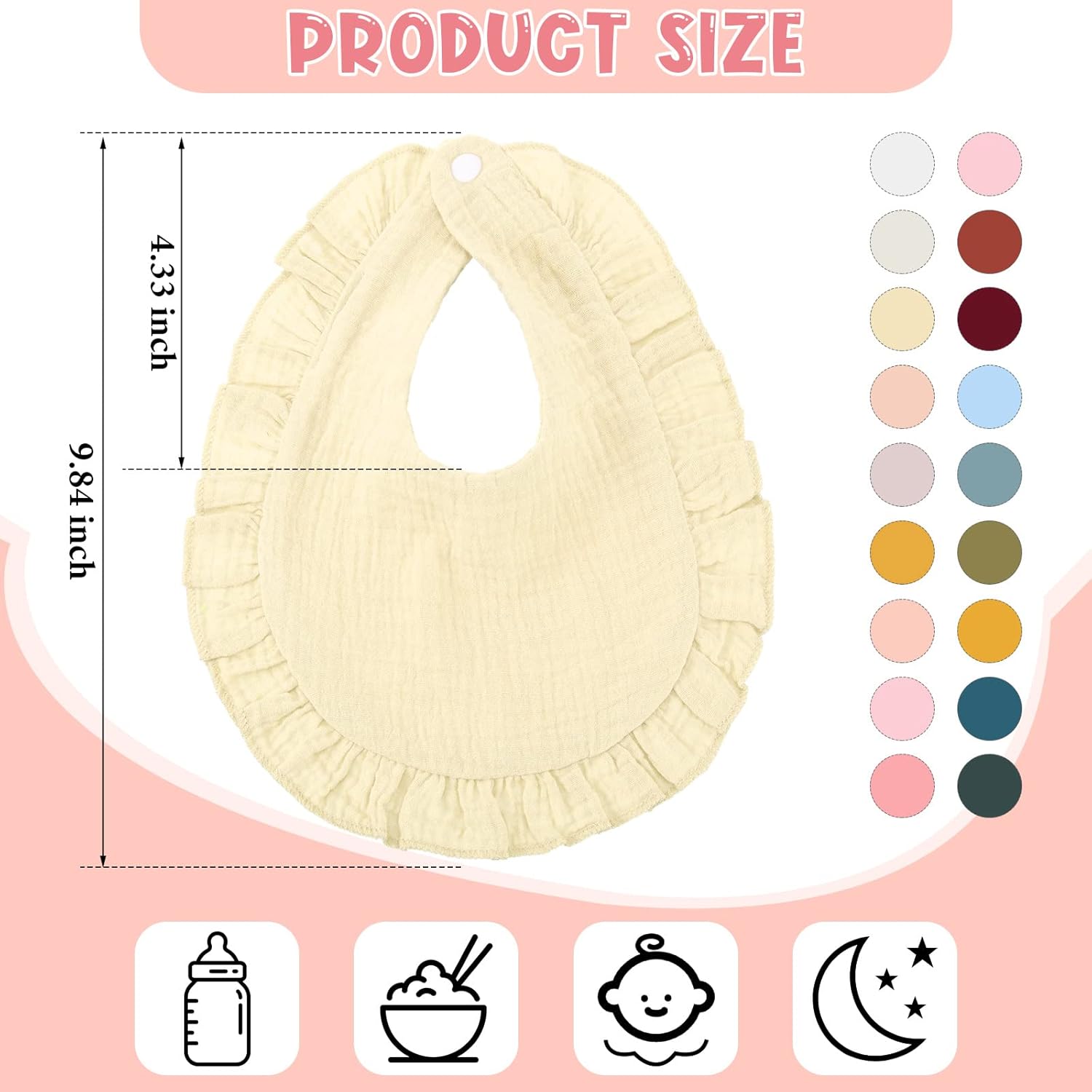 Top Kenning 18 Pcs Muslin Drool Baby Bibs Ruffle Absorbent Bib with Snap Button Boy Girl for Drooling Teething Infant Newborn - Image 2