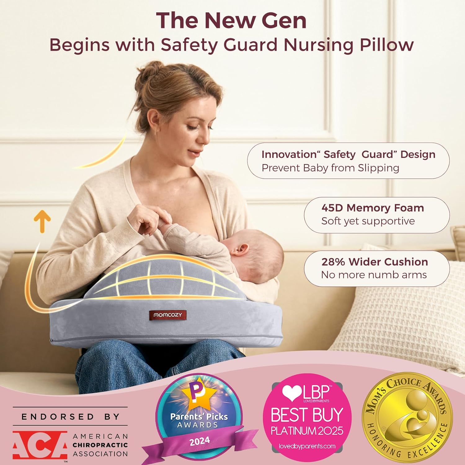 Amazing Momcozy Innovative Safety Guard Nursing Pillow - Firm & Springy Memory Foam - Stable, Ergonomic Support & Comfort - Wider Breastfeeding Cushion, Adjustable, Removable Cover, Baby Safety Certified - Image 3