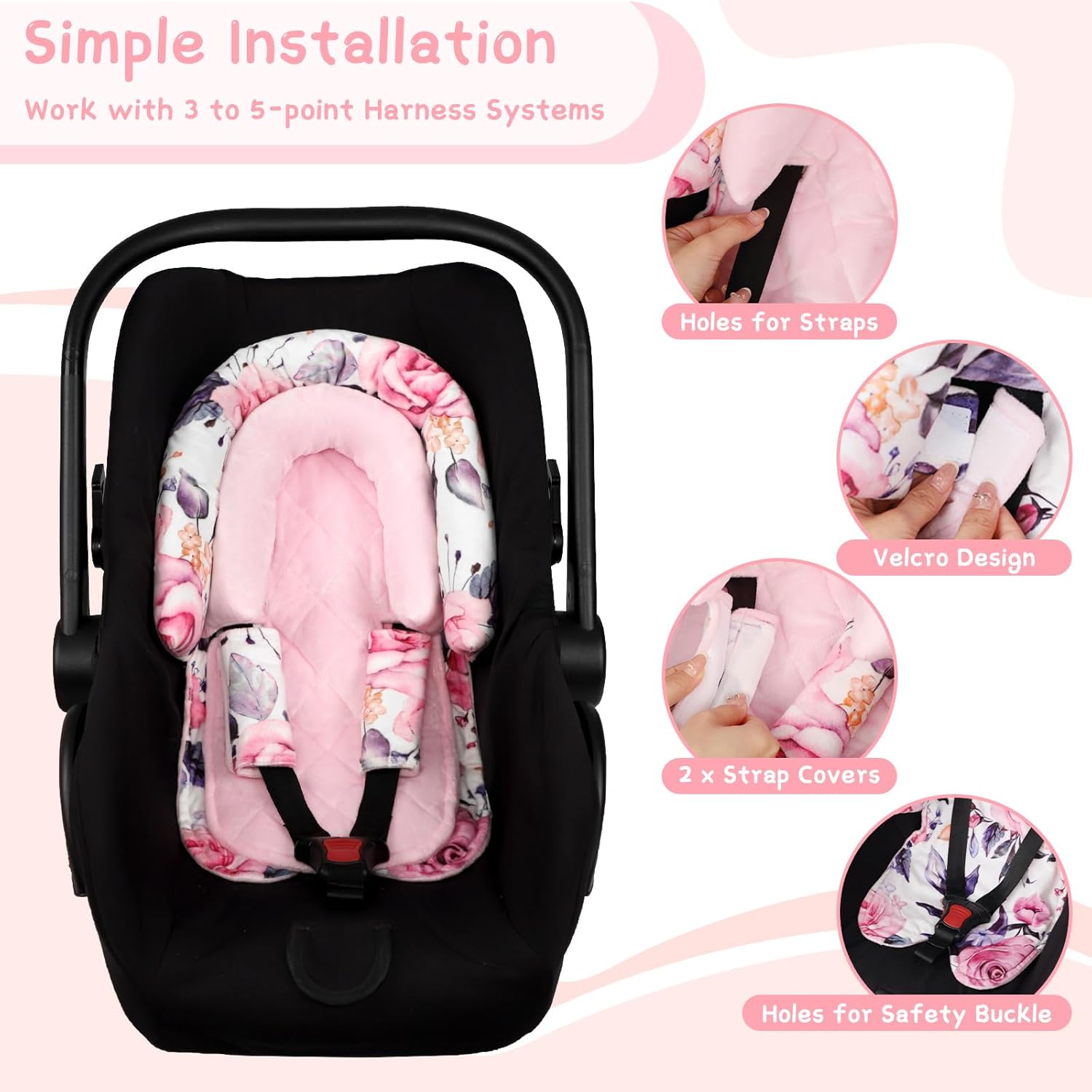 Amazing Baby Car Seat Head Body Support & Strap Covers, 2 in 1 Infant Car Seat Insert, Reversible Soft Breathable Newborn Cushion Pads for Preemie, Perfect for Baby Carseats, Strollers, Swings (Floral) - Image 2