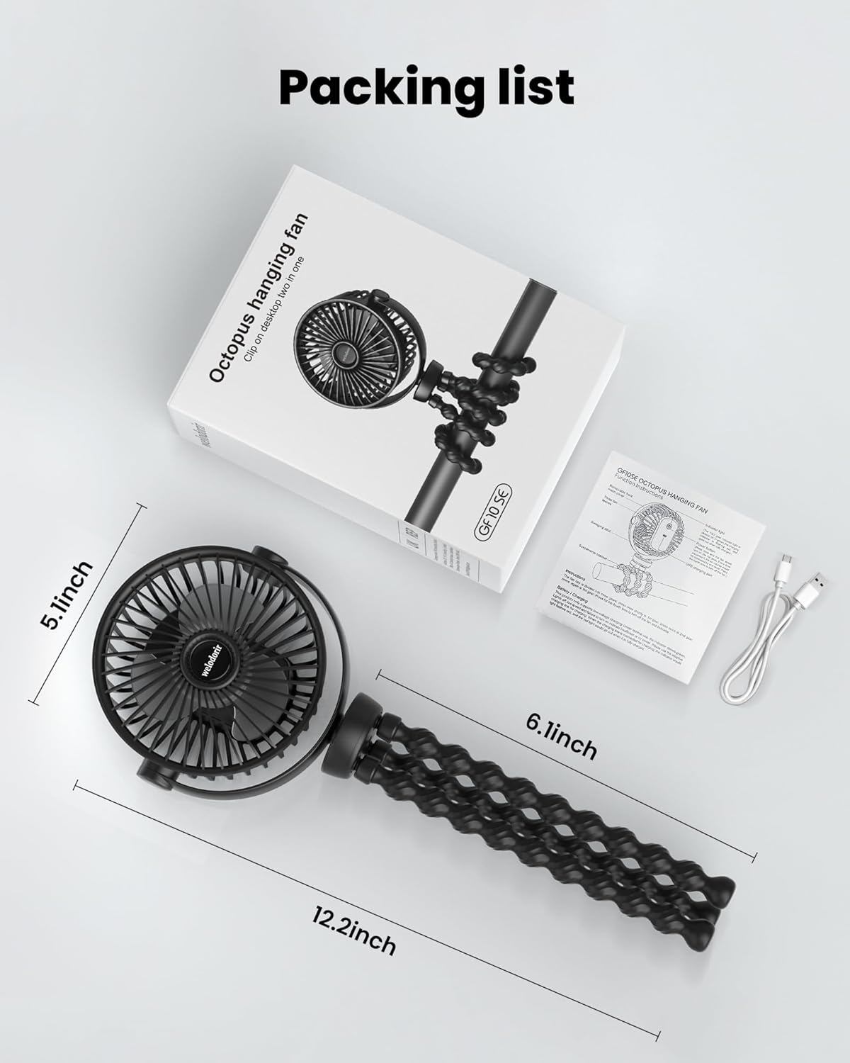 Awesome Portable Stroller Fan, 5200 mAh Rechargeable Personal Fan, with 360° Rotate Flexible Tripod and TYPE-C Port 3 Speed Small Mini USB Clip-on Fans Can Handheld and Desk for Stroller Car Seat Crib Outdoor - Image 7