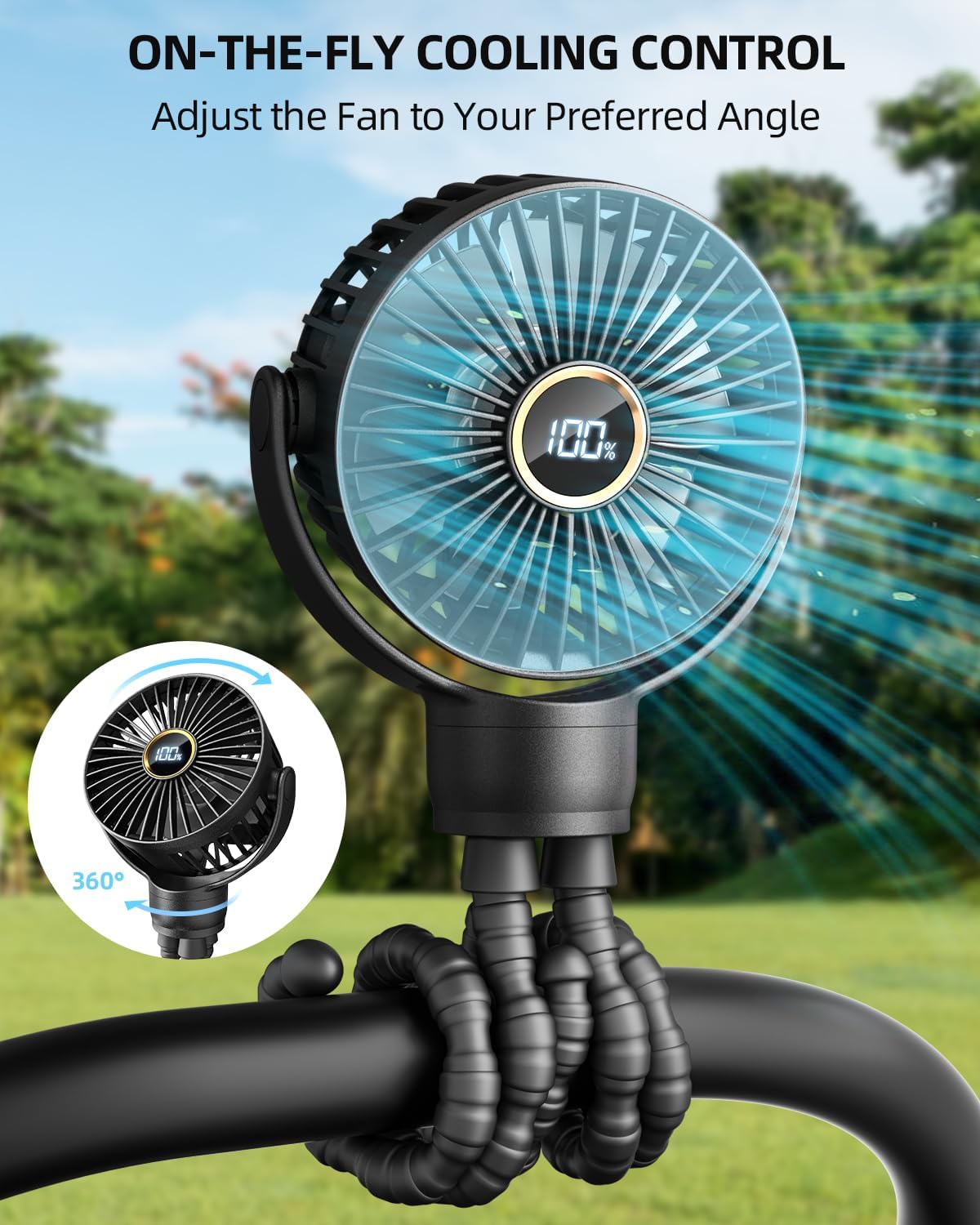 New Portable Stroller Mini Fan, Small Rechargeable Personal Fan, Baby Travel Essentials for Wagon, Car Seat, Treadmill, Battery Powered Biking Gear Accessories, 360° Rotation, 3-Speed, Display, Black - Image 2