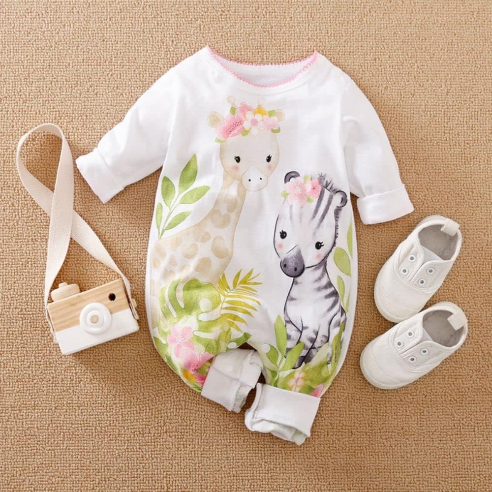 AmazingIReview Aoswep - Cute Giraffe + Zebra With Floral Print Long Sleeve Baby Girl Clothes White Jumpsuit For Baby One-Piece Romper - Image 2