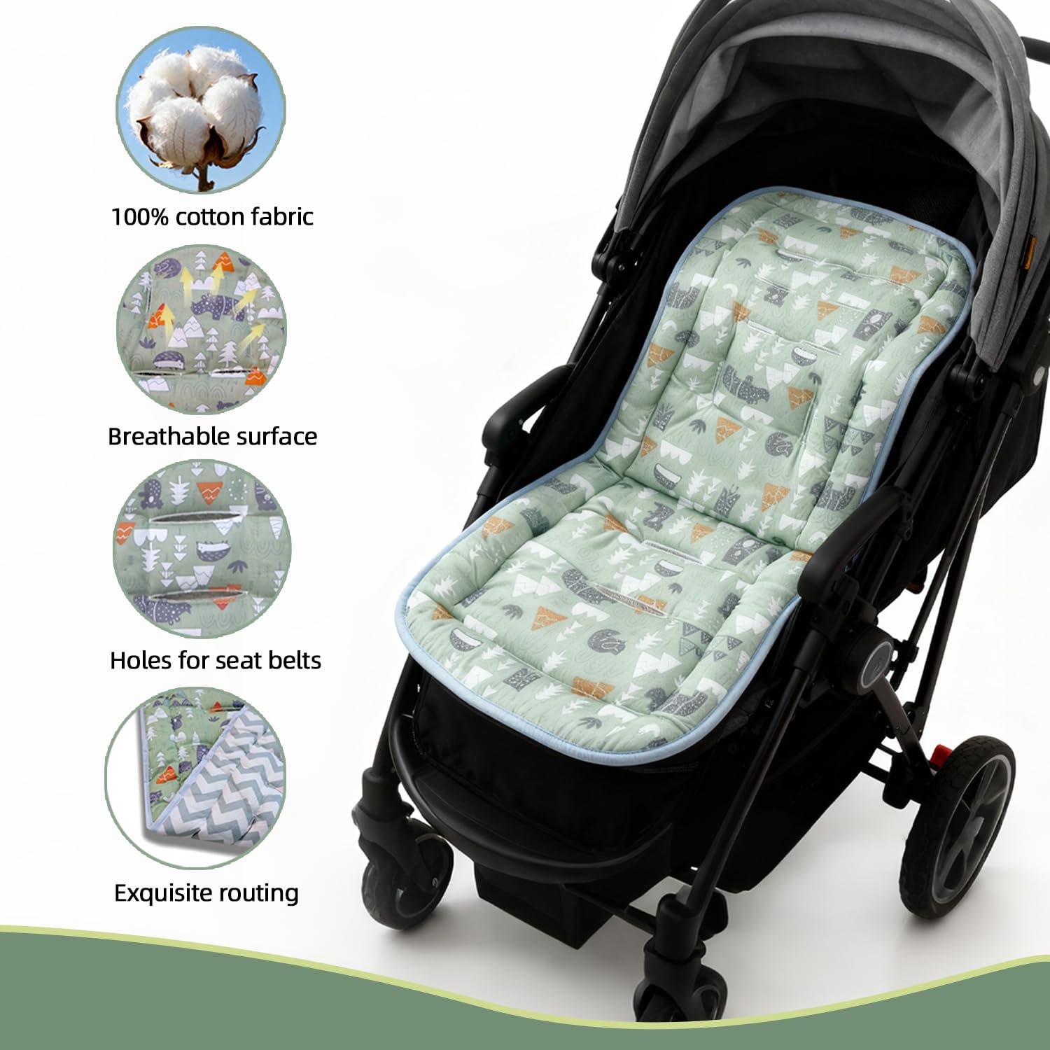 New Baby Stroller Cushion, Baby Stroller Seat Liners Universal Stroller Liner, 100% Cotton Breathable and Soft Reversible Toddler Infant Car Seat Insert 34x78cm 1 Pack (Grey Forest Animals) - Image 4