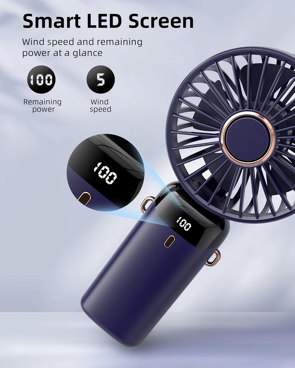 Review Koonie Portable Handheld Fan, Battery Operated Fan with Base, 8 Hours, Digital Display, 5 Speeds, 90° Ajustable, Rechargeable Mini Fan for Outdoor Indoor - Image 4