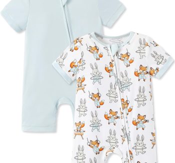 PATPAT Baby Romper 2-Pack with Bamboo Viscose, Infant Snug fit Pajama Jumpsuits with 2-Way Zipper for Newborn Boy Girl