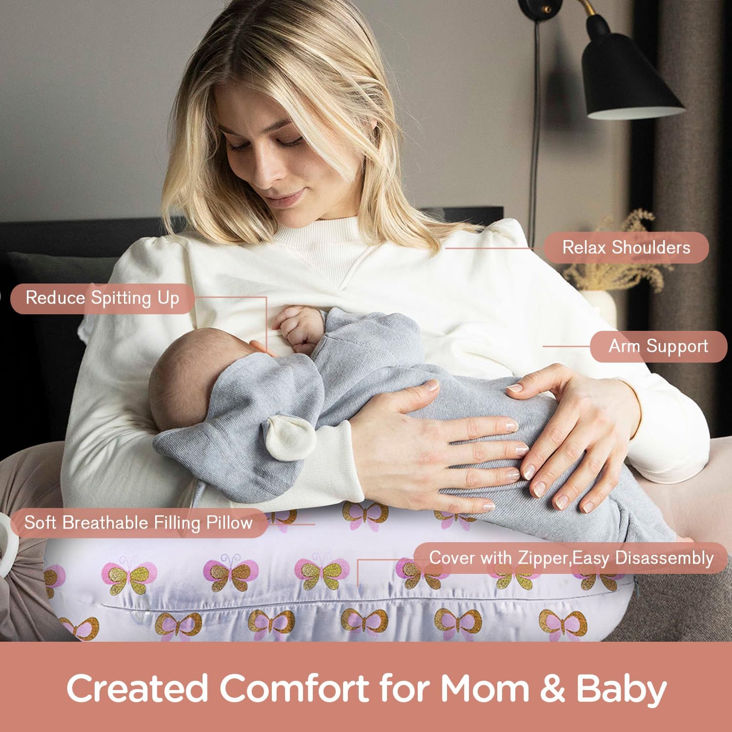 Top Little Grape Land Nursing Pillow, Breastfeeding Pillows for Mom with Removable Cover and Breathable Filling, Feeding Support Pillow for 0-16 Months, Multifunctional Support Cushion, Butterfly - Image 4