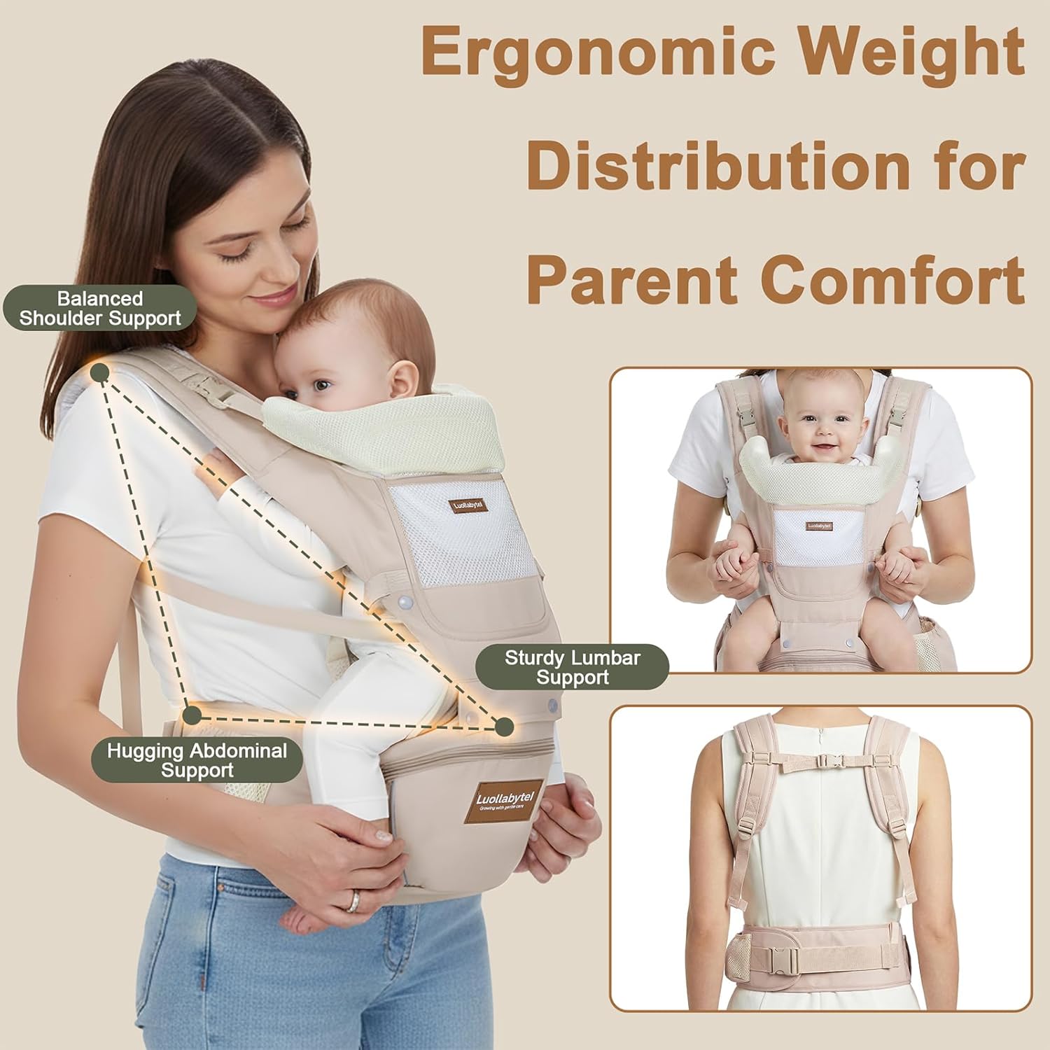 Amazing Baby Carrier with Hip Seat, 6-in-1 Baby Carrier Newborn to Toddler, Adjustable Detachable Infant Toddler Carrier, Hands-Free Baby Holder, All Seasons, Perfect for Shopping Travelling (Khaki) - Image 4