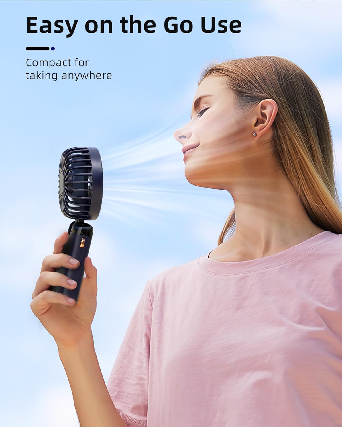 Review Koonie Portable Handheld Fan, Battery Operated Fan with Base, 8 Hours, Digital Display, 5 Speeds, 90° Ajustable, Rechargeable Mini Fan for Outdoor Indoor - Image 2